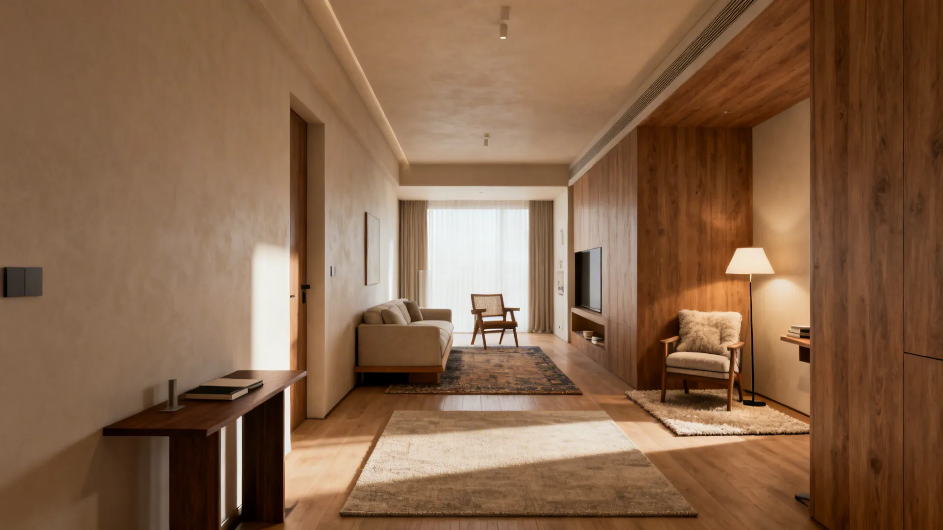 Long living room with rugs anchoring a lounge, reading nook, and slim console entry area.