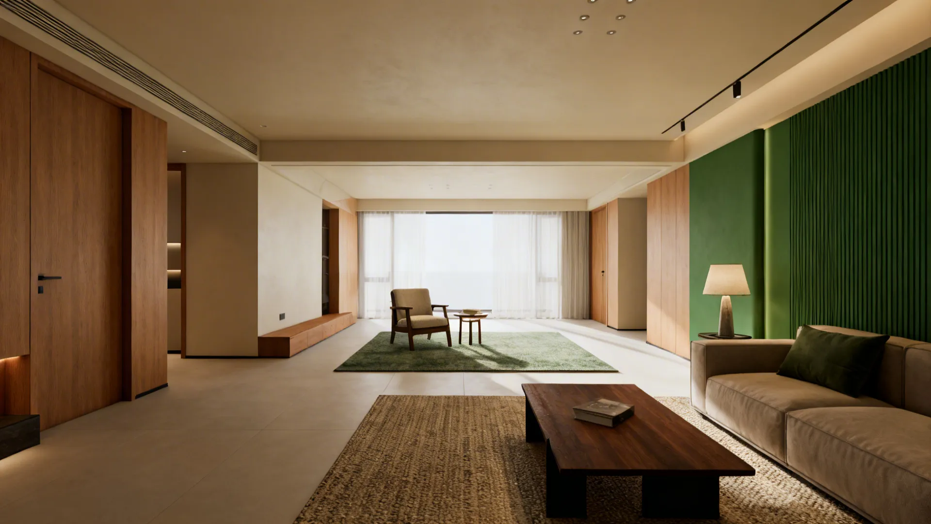 Modern living room with green wall, beige sofa, wooden table, armchair, rug, and soft light