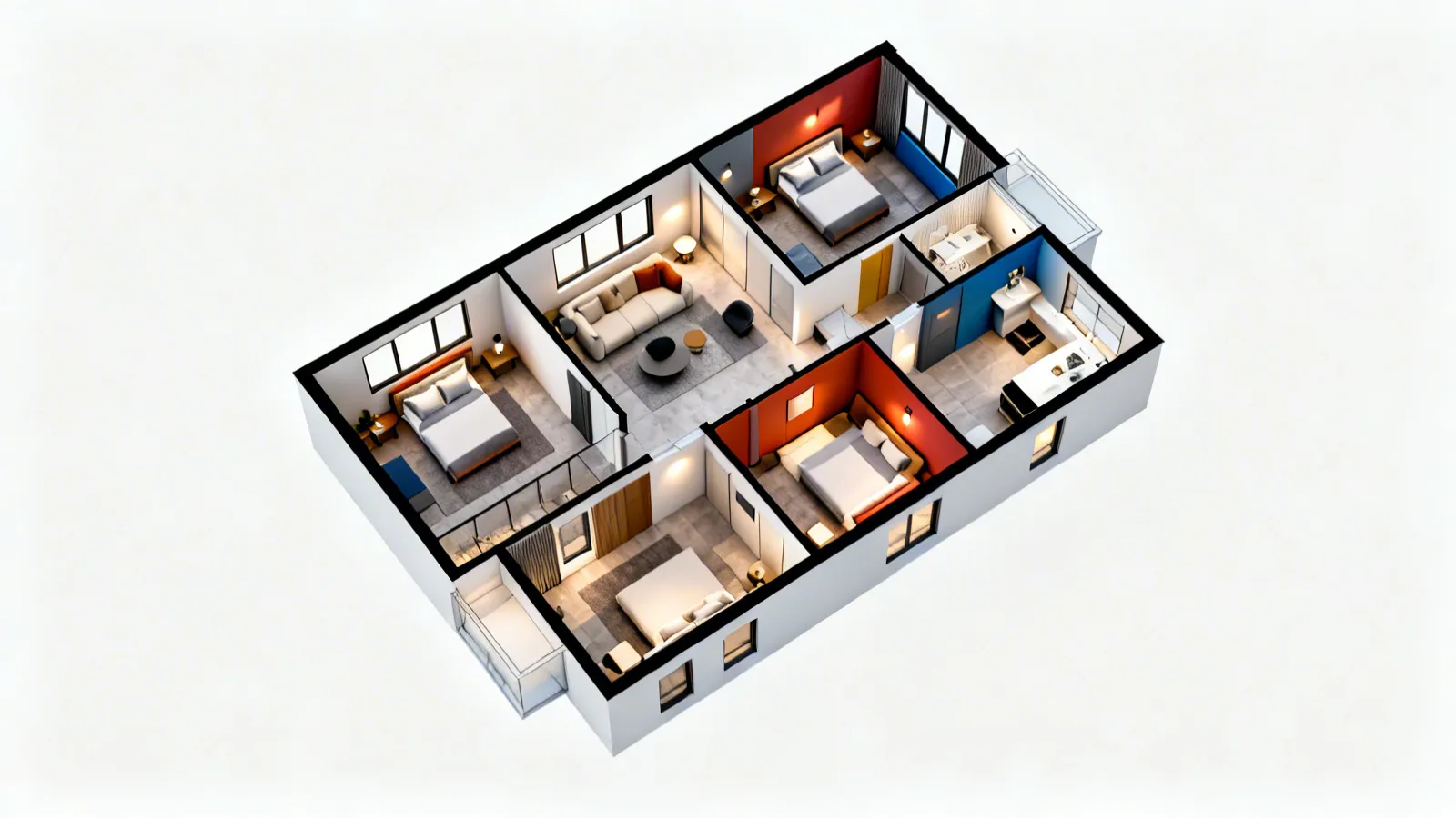 Plano de vivienda con zonas sociales y privadas diferenciadas