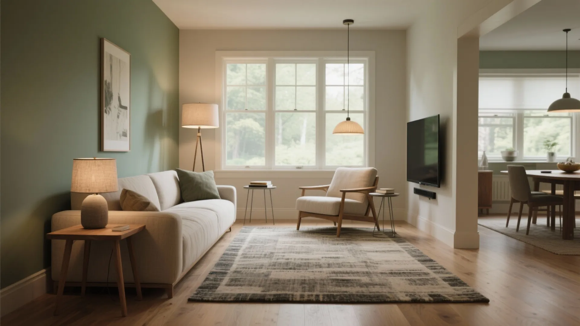 Modern living room with green accent wall cream sofa patterned rug and wooden dining table set
