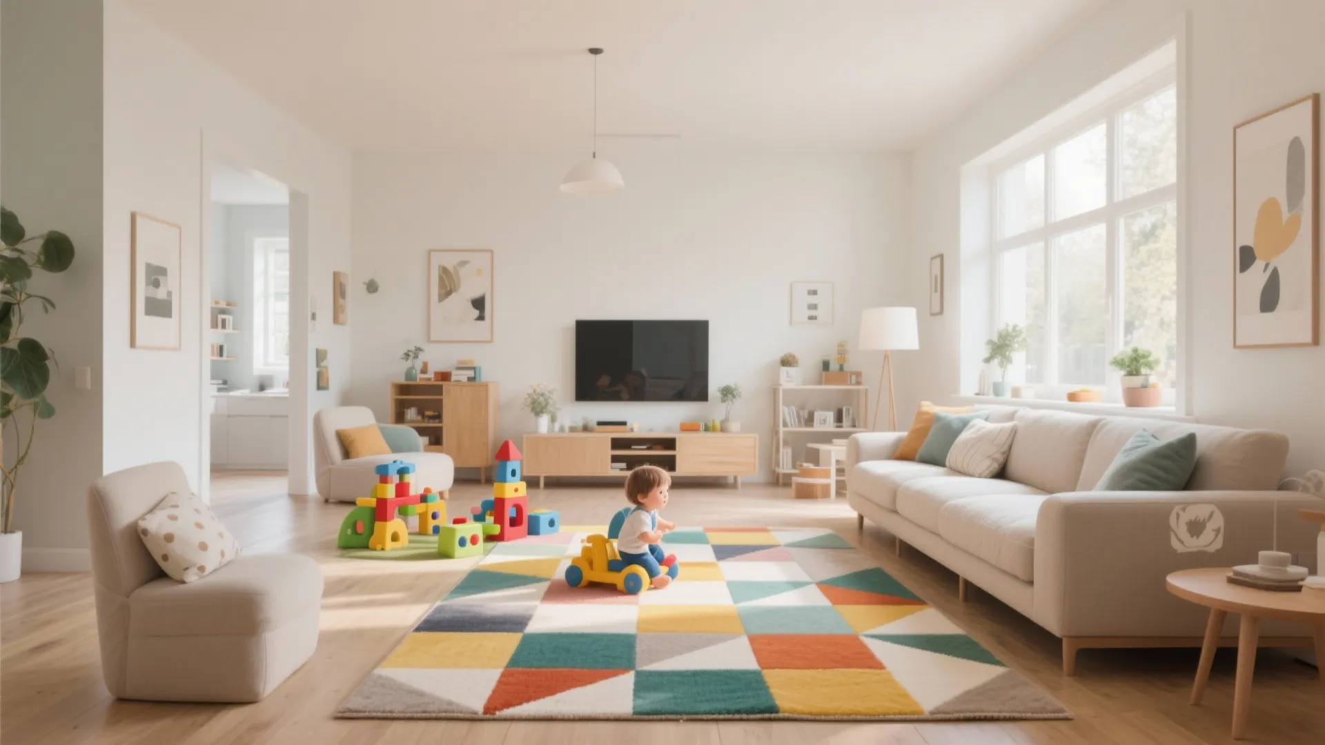 Living room with geometric rug separating play area from seating