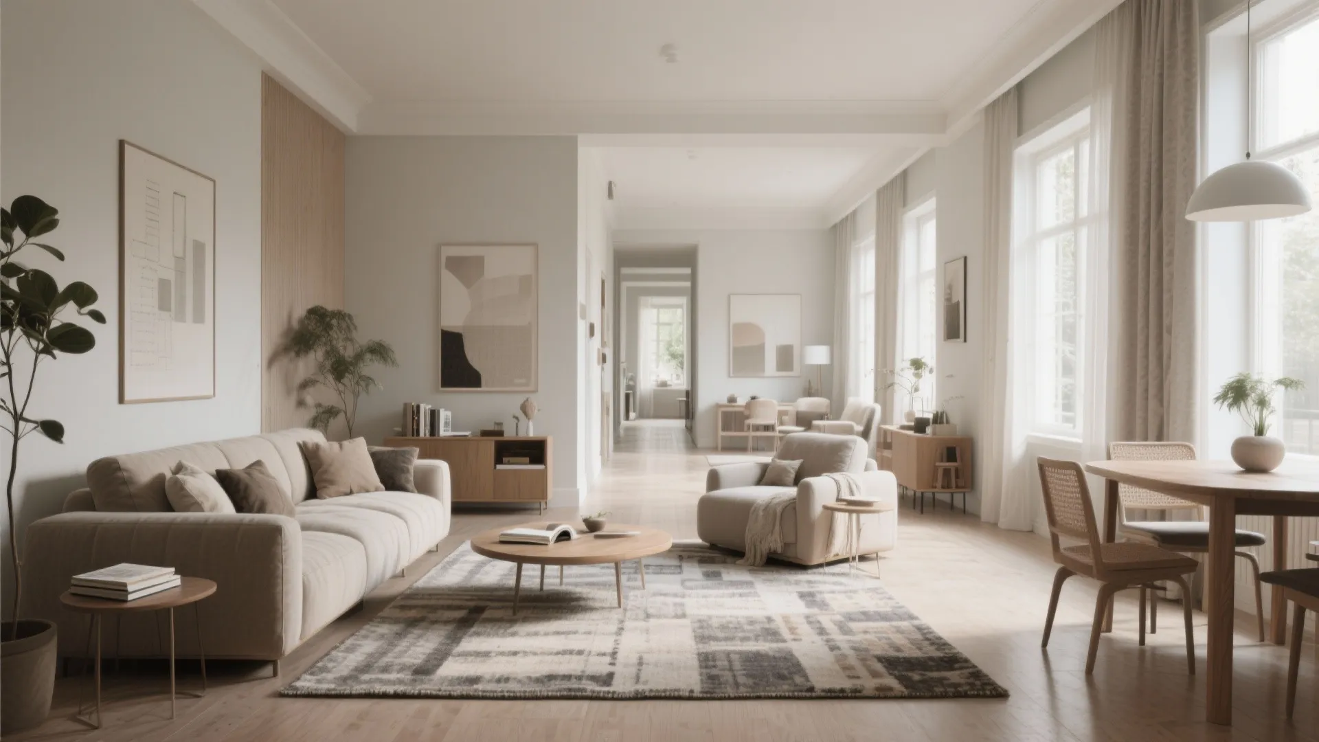 Modern bright living room with cream sofa wood dining table patterned rug and large windows