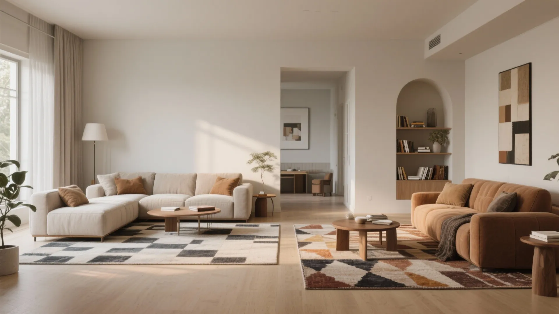 Spacious living room with beige and brown sofas, geometric rugs, wooden tables, and arched bookshelf