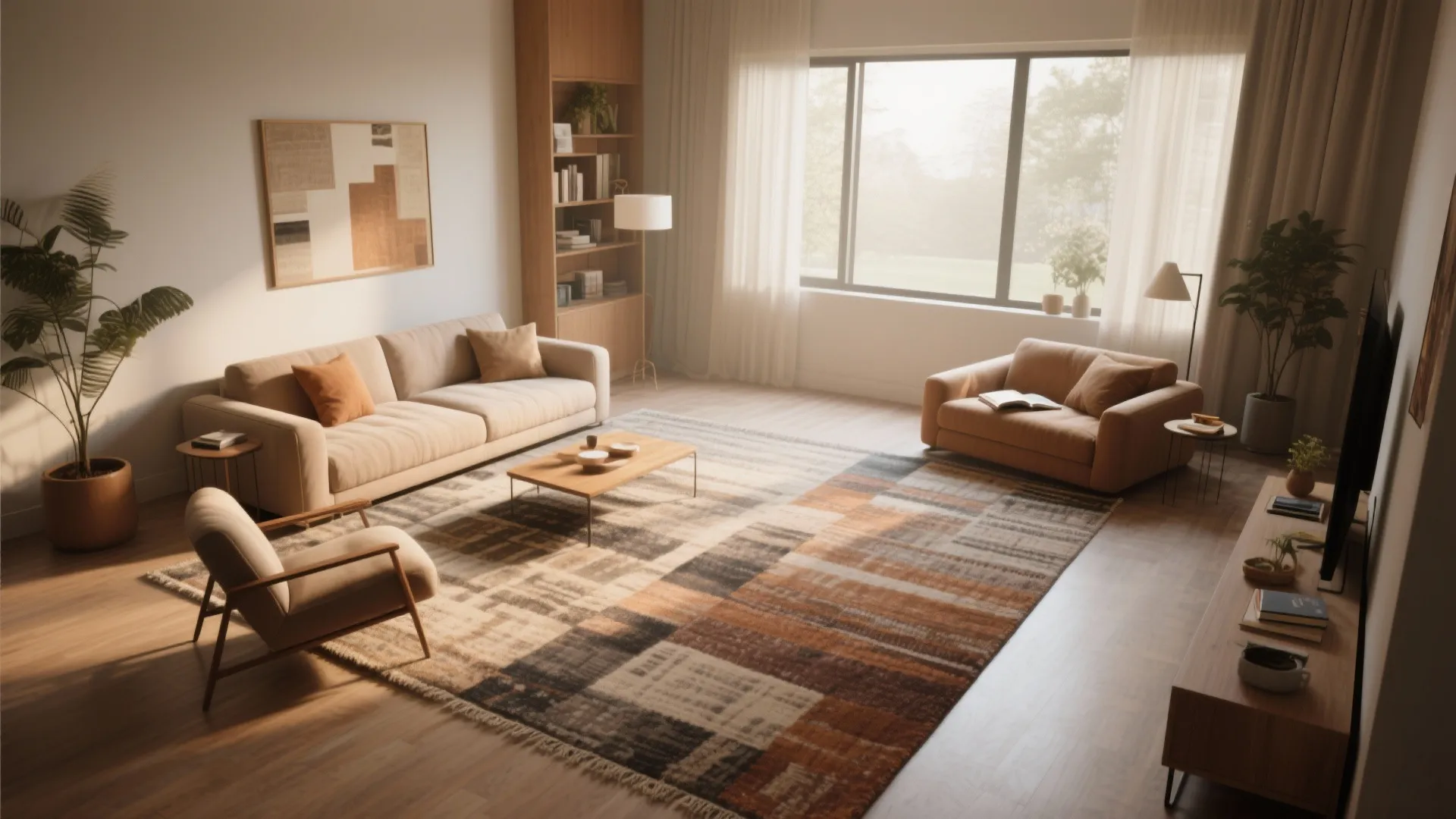 Spacious living room with large patterned rug beige sofa wooden cabinet and big bright window