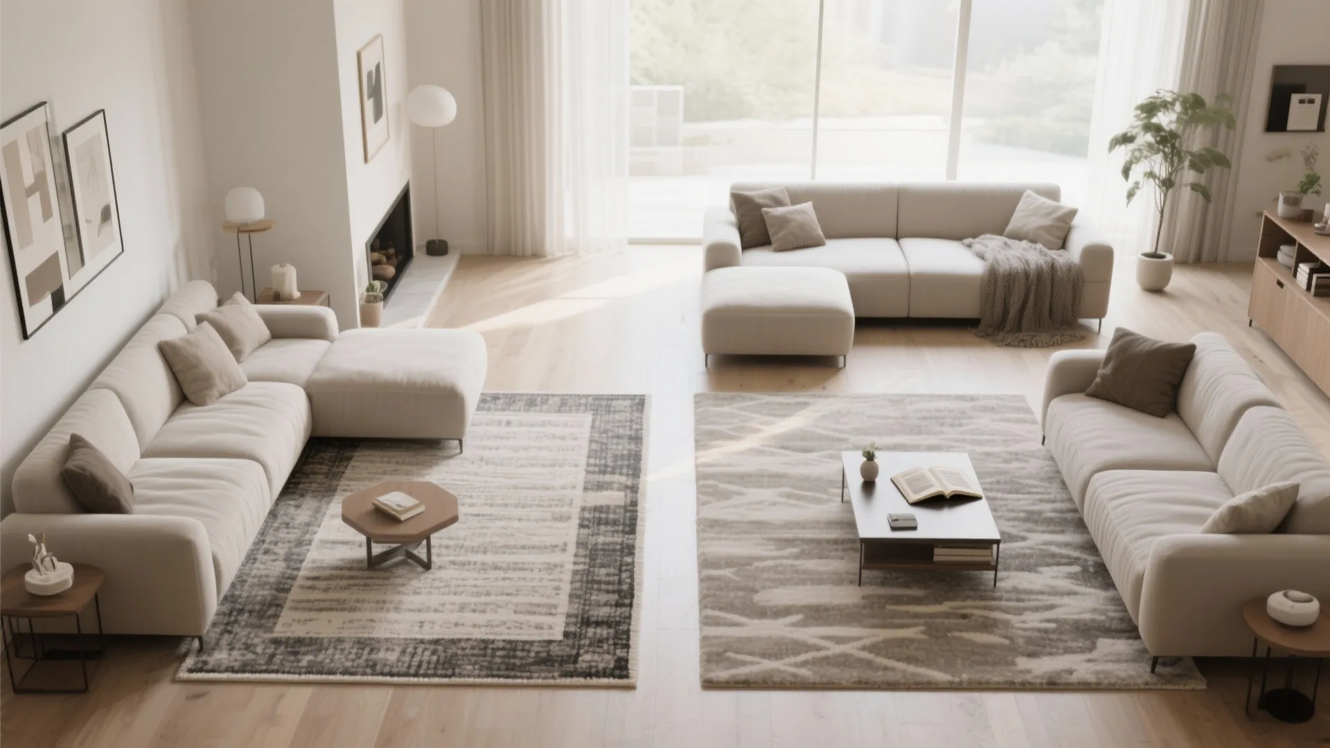 Large open living room with two separate seating areas defined by different patterned area rugs