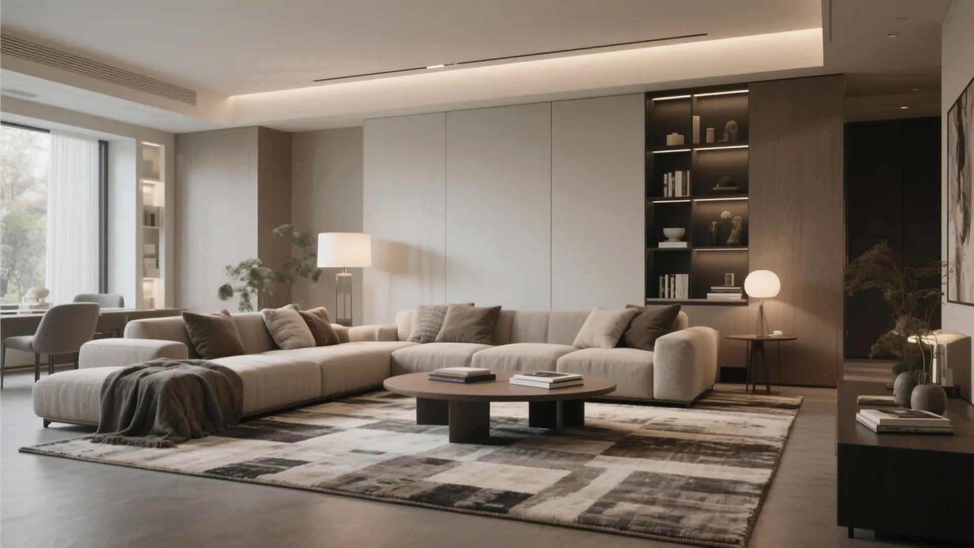 Modern living room with large grey sofa wooden coffee table patterned rug and wall lights