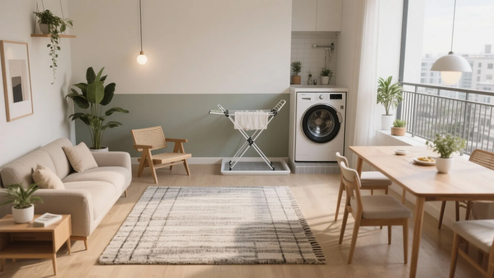 Smart zoning with rugs, paint, and balcony utility