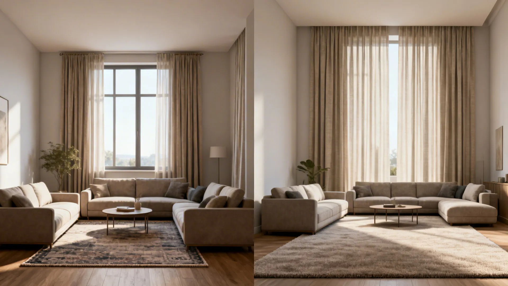 Before-after showing larger rug and higher curtains to anchor and elevate a small space.
