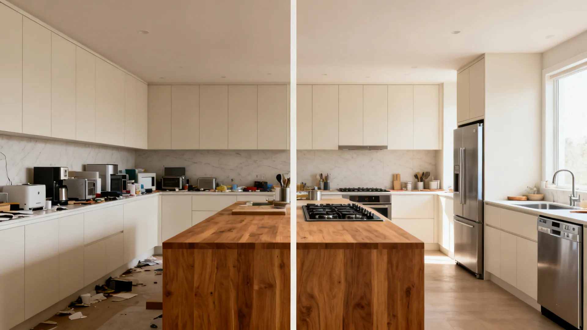 Split view of inefficient versus optimized appliance zoning on a single-wall kitchen.