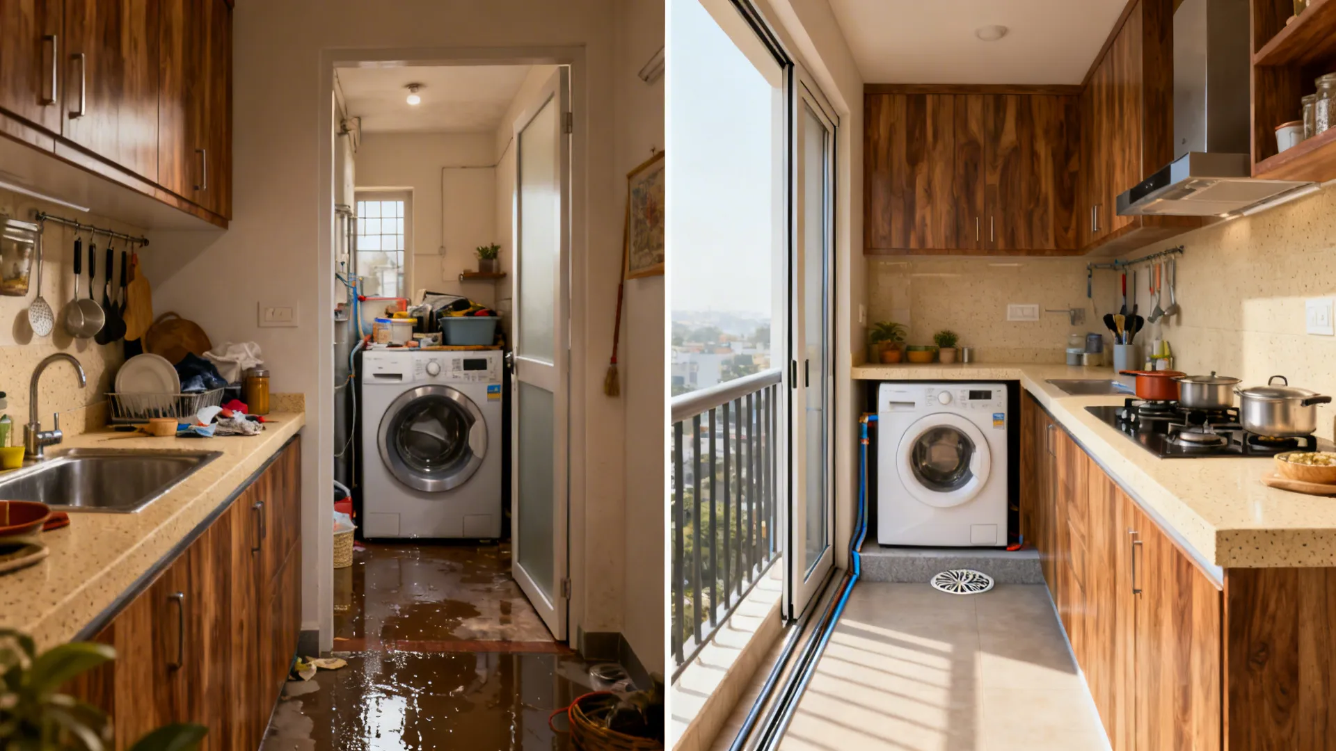 Before and after of a kitchen-utility area showing new pocket door, washer plinth, and clear service aisle.