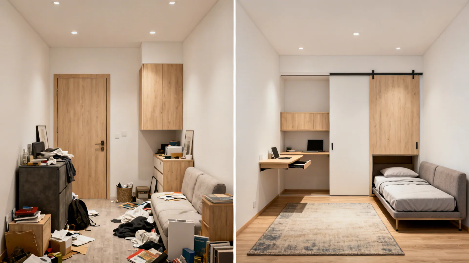 Split view of a compact room before cluttered layout and after with sliding door and fold-down desk.