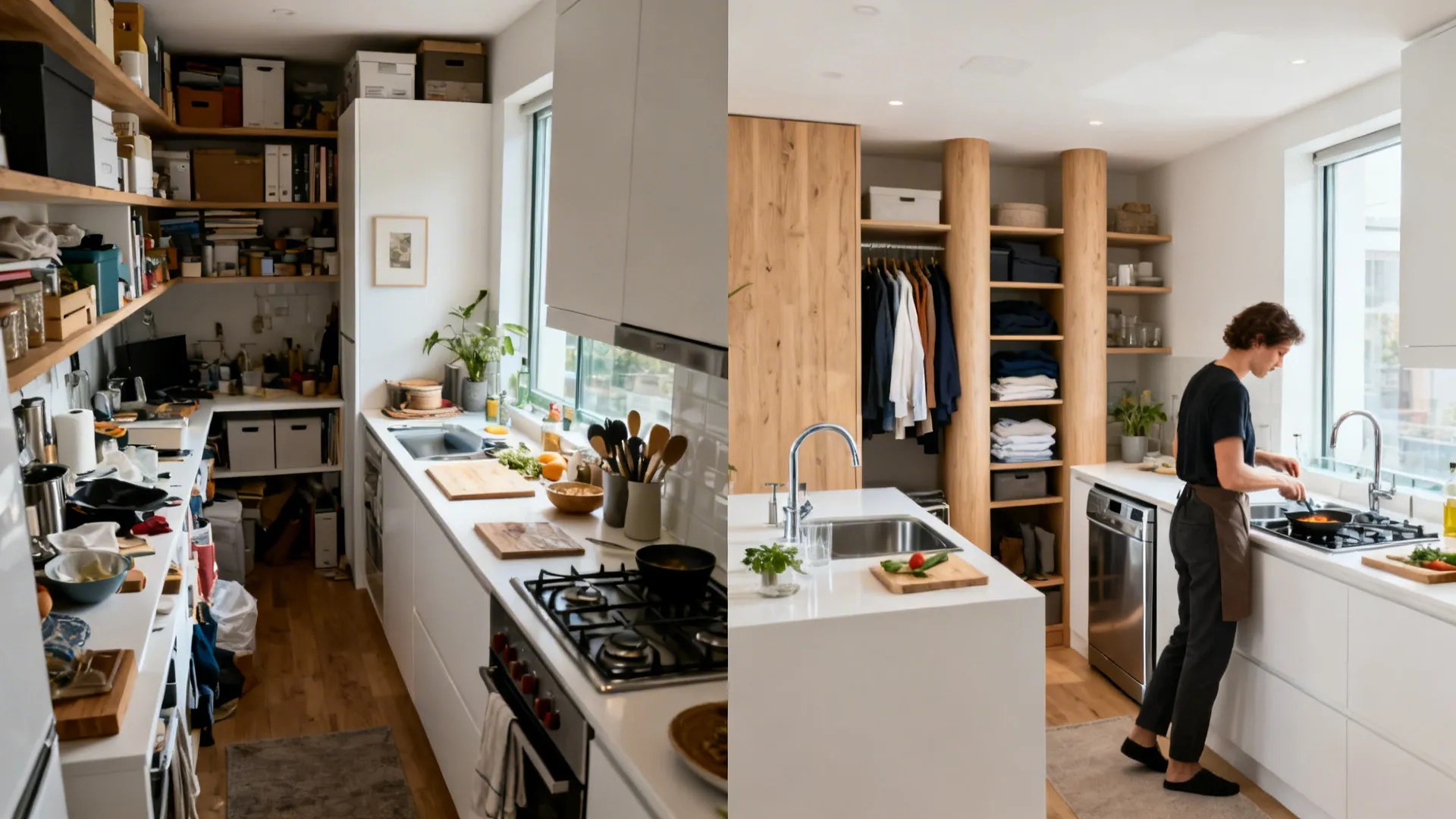 Split view of a cluttered studio before and a zoned kitchen and wardrobe after redesign.