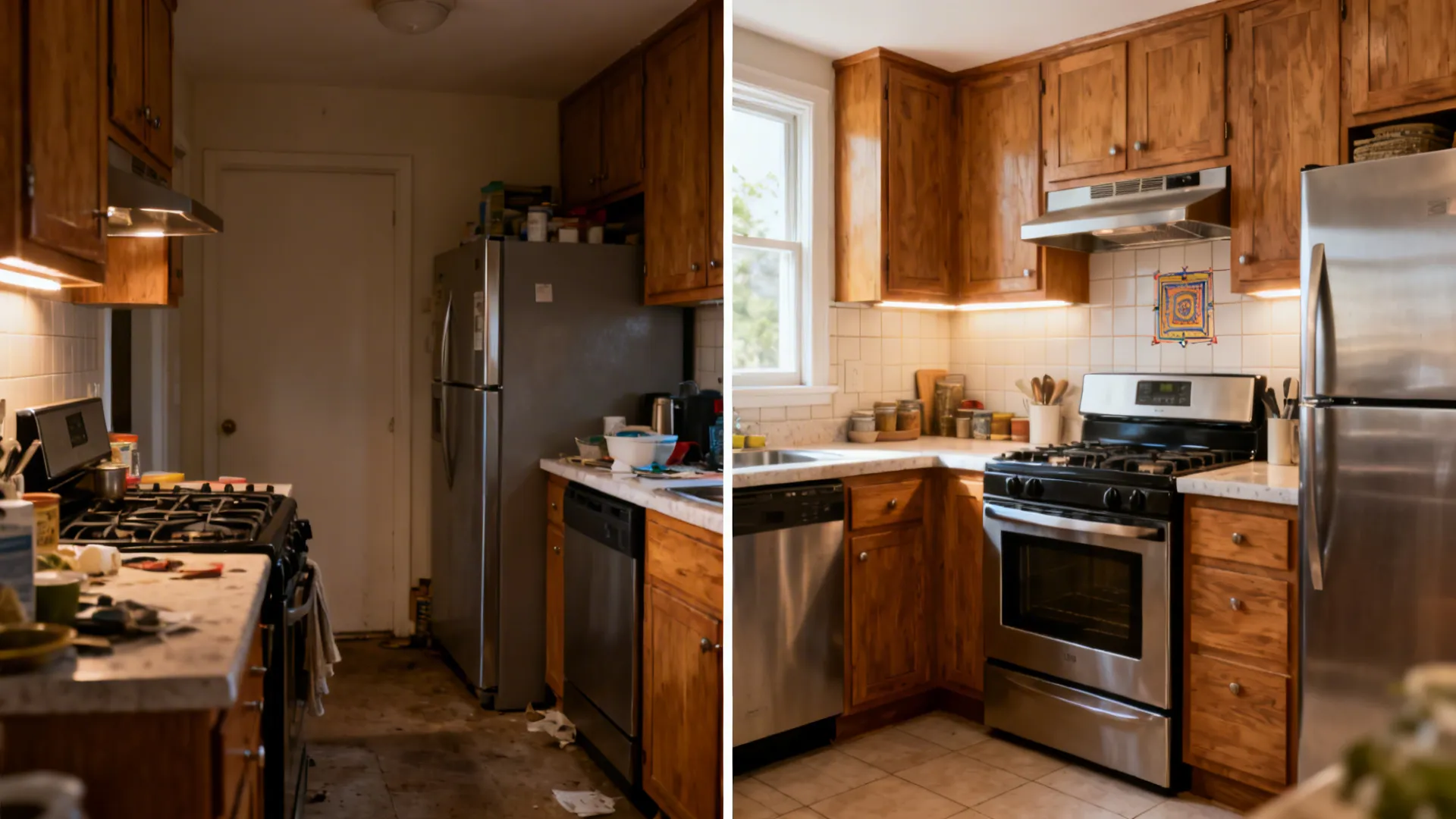 Before-and-after of a compact kitchen showing improved Vastu zoning and lighting