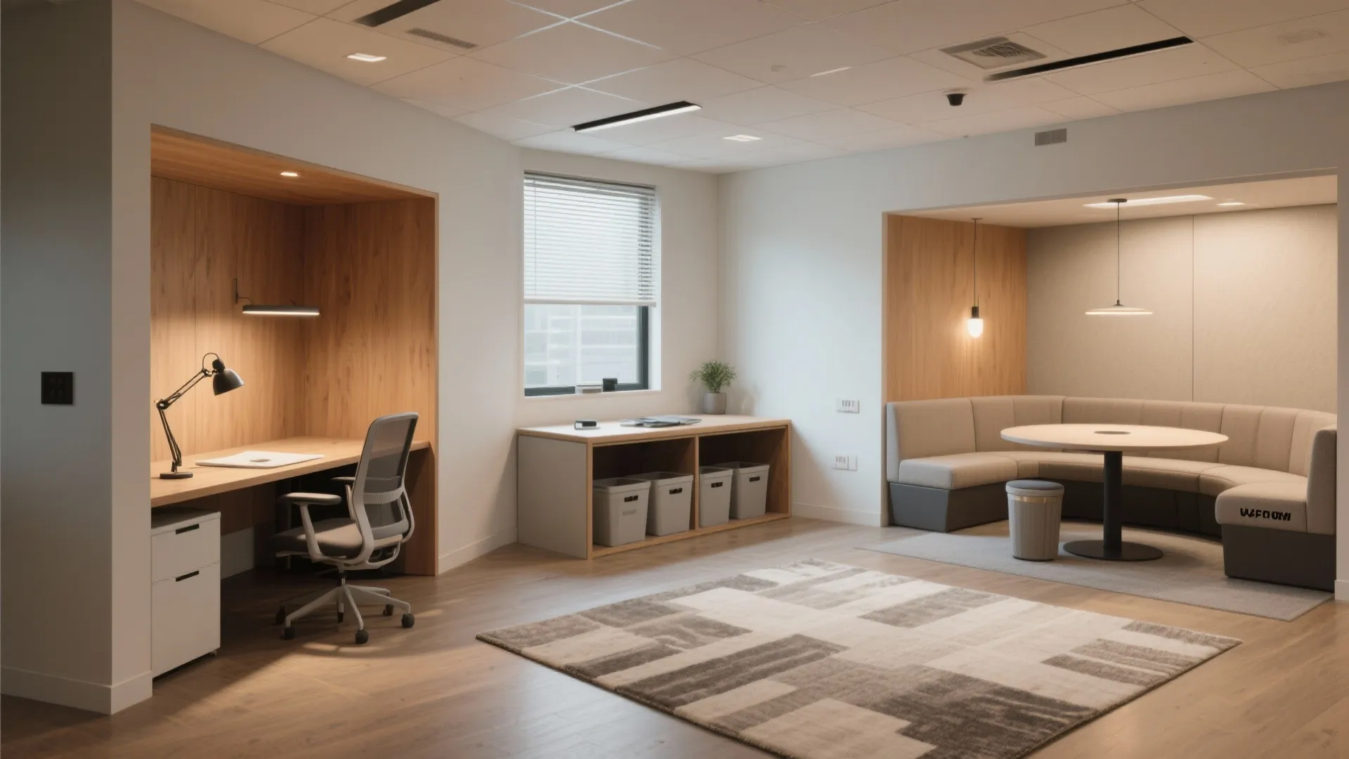 Small office arranged into focus, collaboration, and storage zones using furniture, rugs, and lighting.
