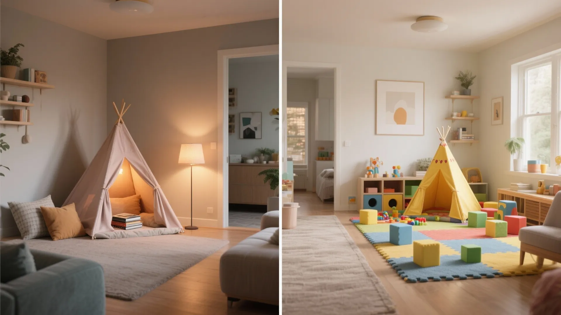 Side by side comparison of a cozy quiet reading nook and a bright colorful playroom