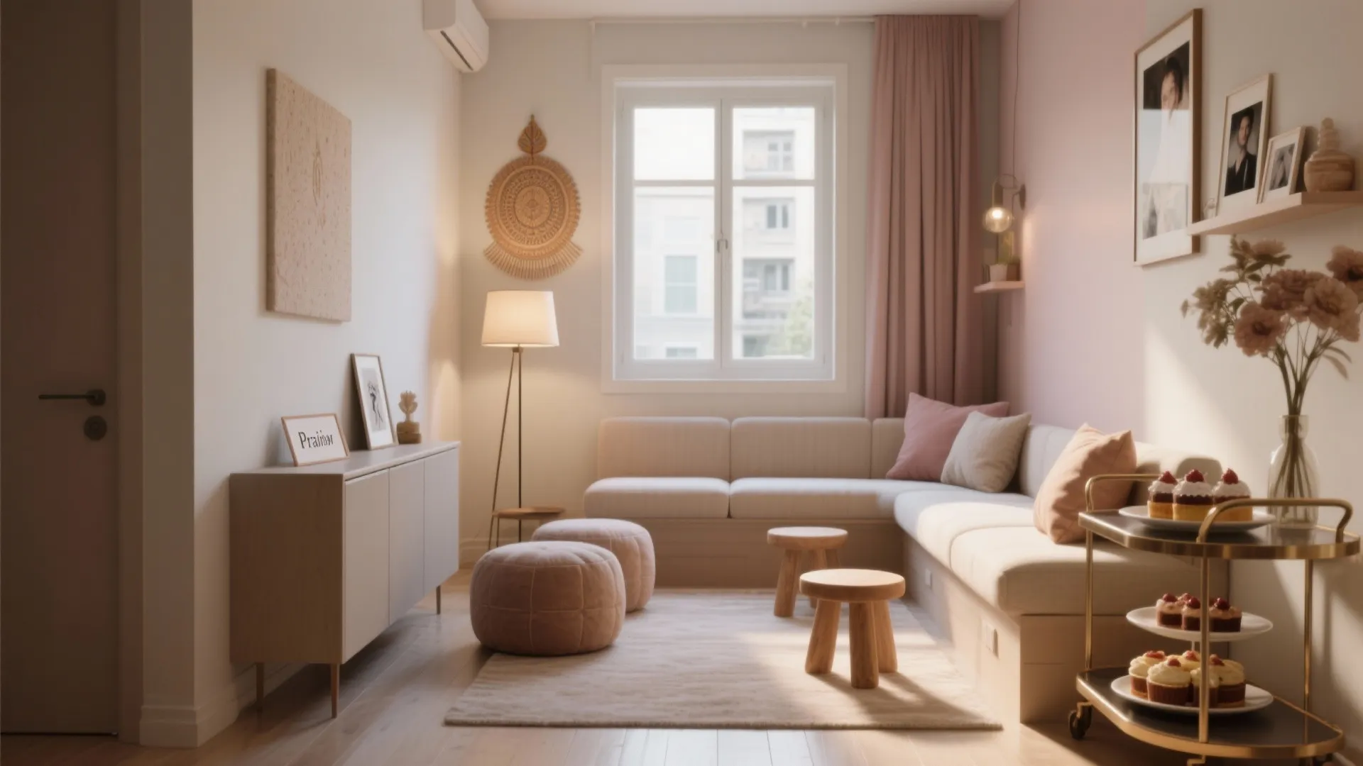 Cozy warm living room with beige sofa pink curtains floor lamp and small wooden coffee tables