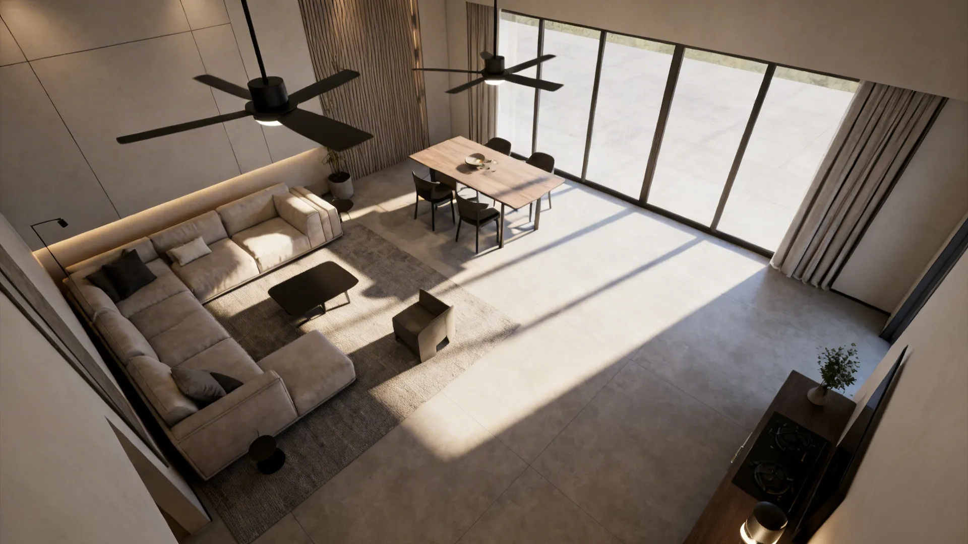 Top-down view of an open living-dining layout with two ceiling fans at different speeds for separate zones.
