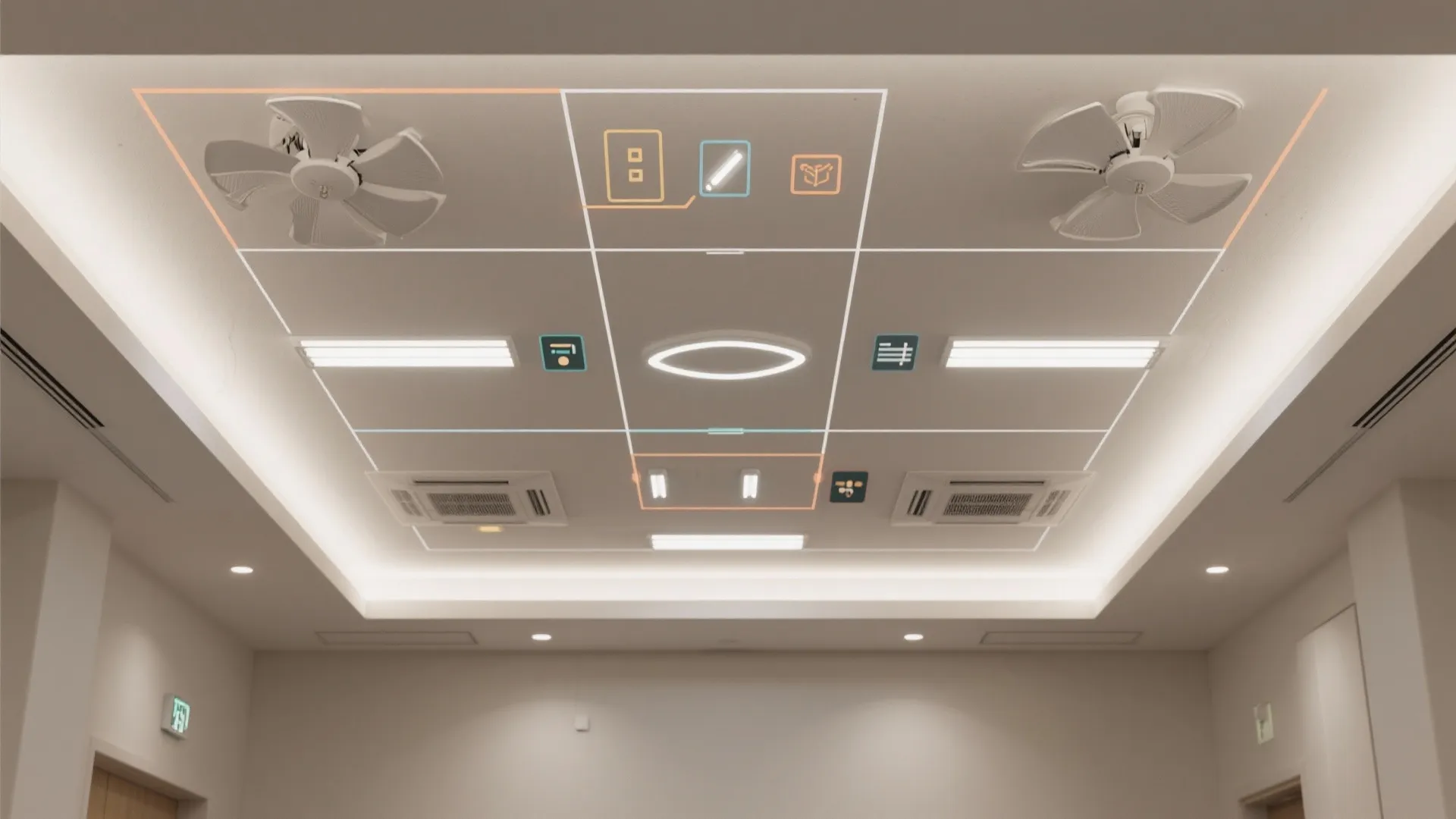 5) Zoned ceiling: lighting scenes for multi-use halls