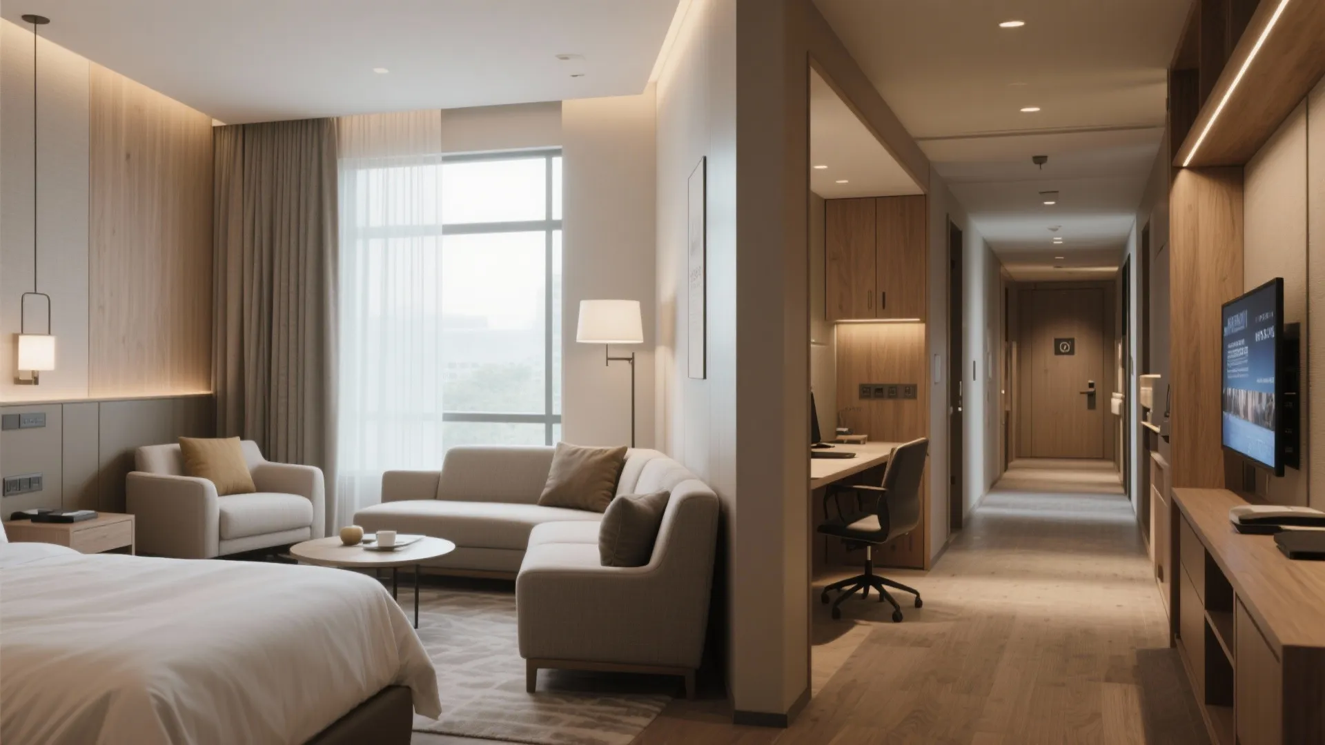 Hotel suite interior showing clearly defined zones and circulation with built-in storage.