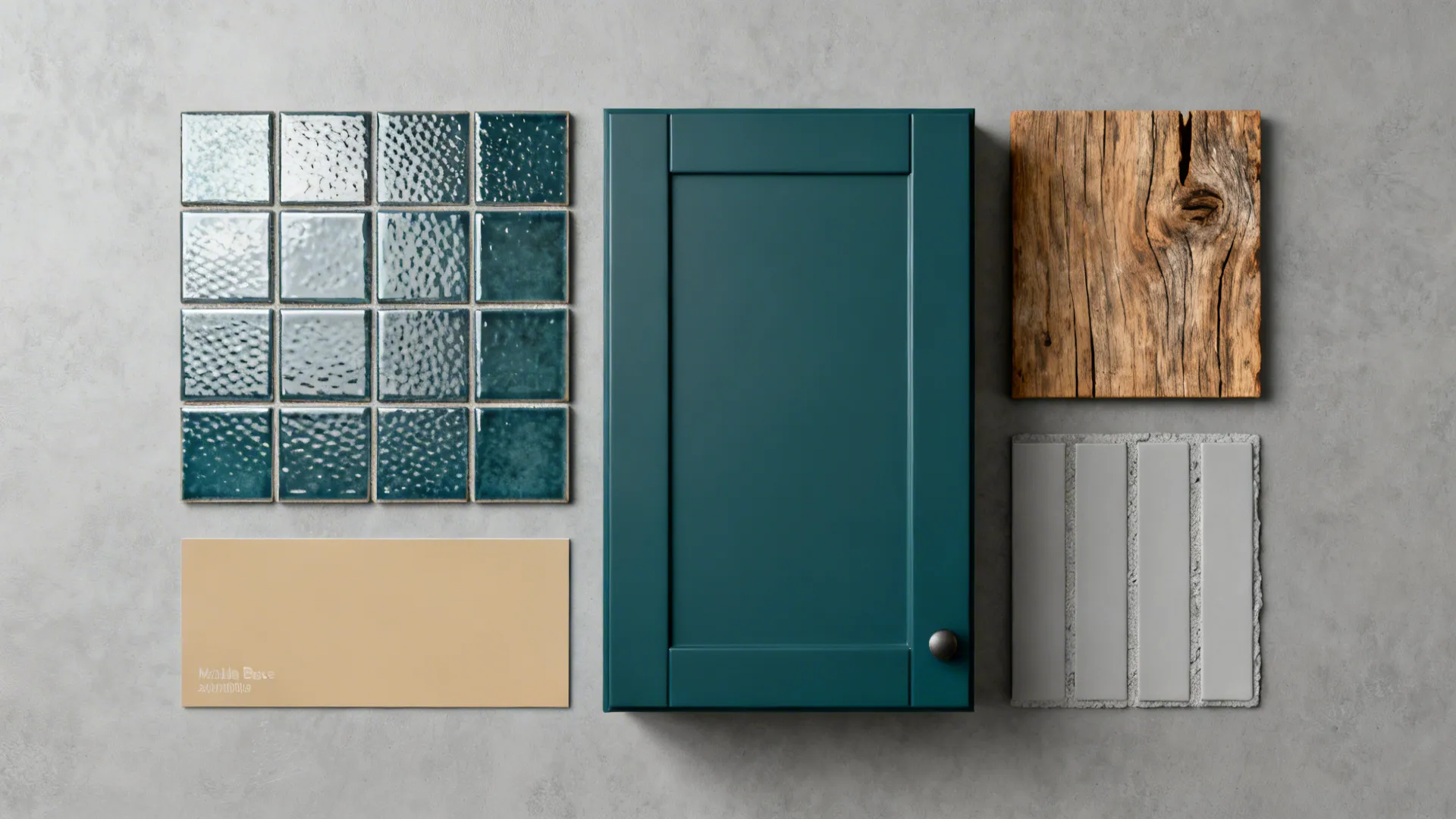 Flatlay of backsplash tiles, cabinet color swatch and wood samples for color zoning.