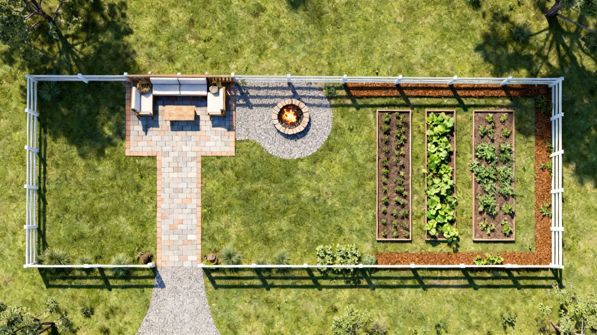 Top-down zoning diagram of a ranch yard showing entry, seating nook, fire-pit, and vegetable strip.