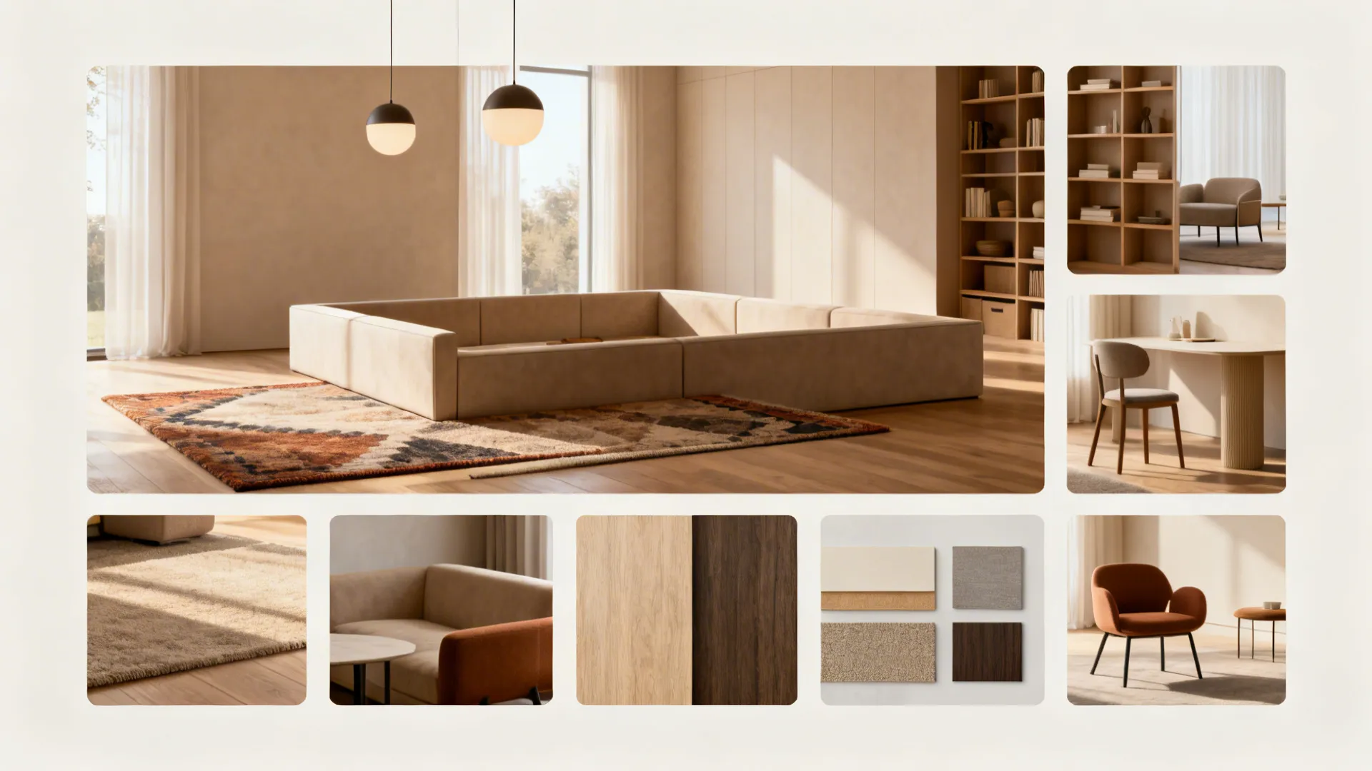 Collage of small vignettes illustrating zoning tips for living-dining combos