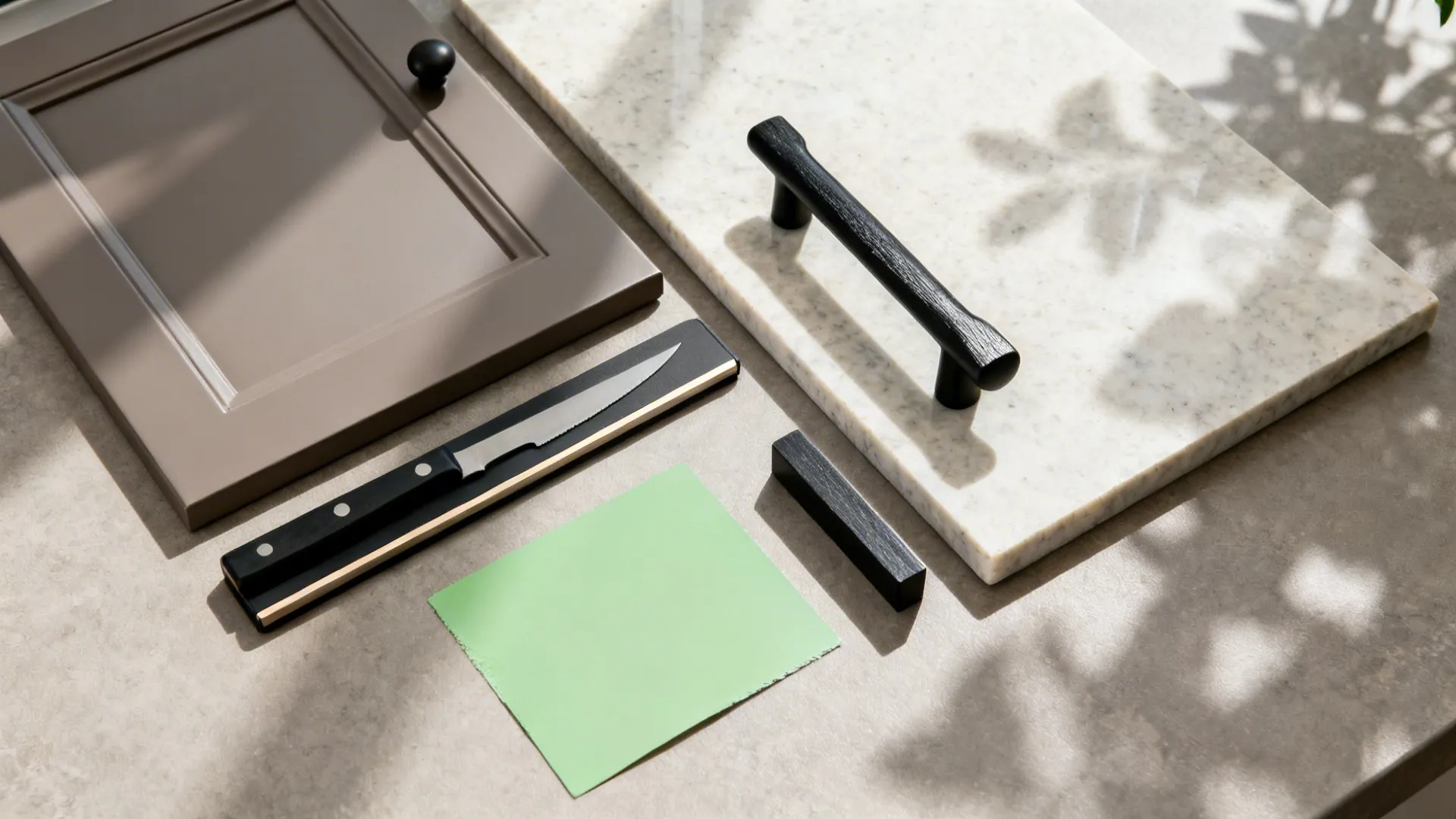 Kitchen materials with brown cabinet door marble slab black handles knife and green color sample