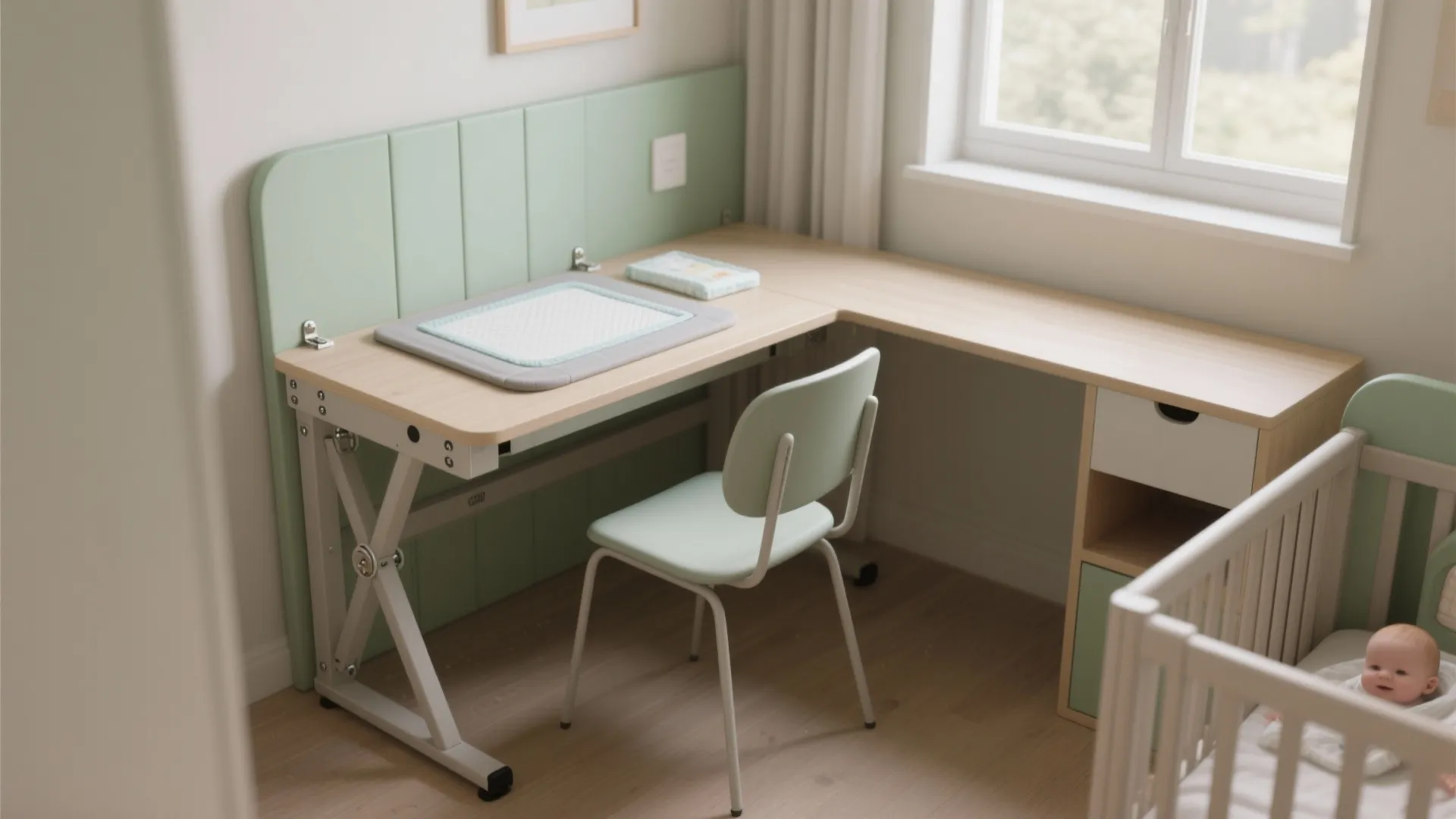 Kids study area with wooden corner desk light green wall panel chair and a baby crib
