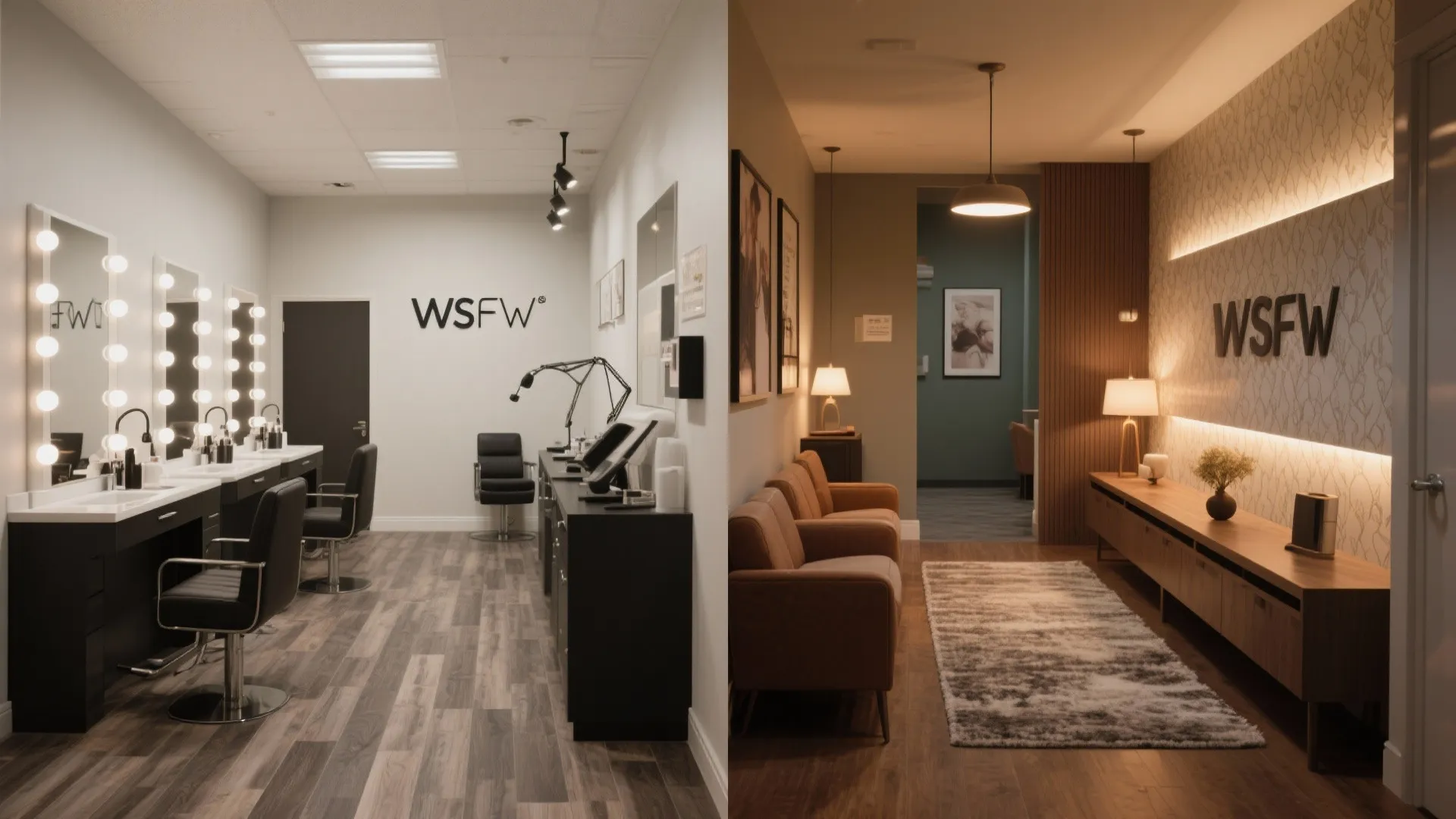 Split view comparison of bright modern salon workspace versus warm cozy lounge with sofa and cabinet