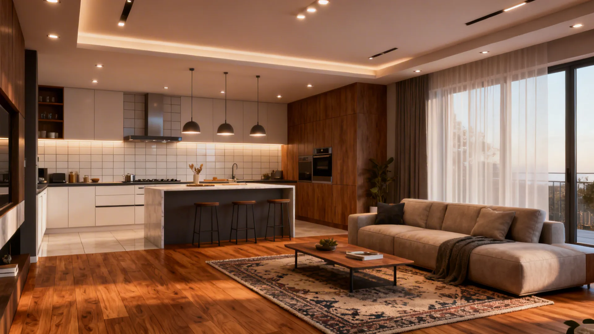 Open-plan interior using different flooring and layered lighting to define kitchen and living zones.
