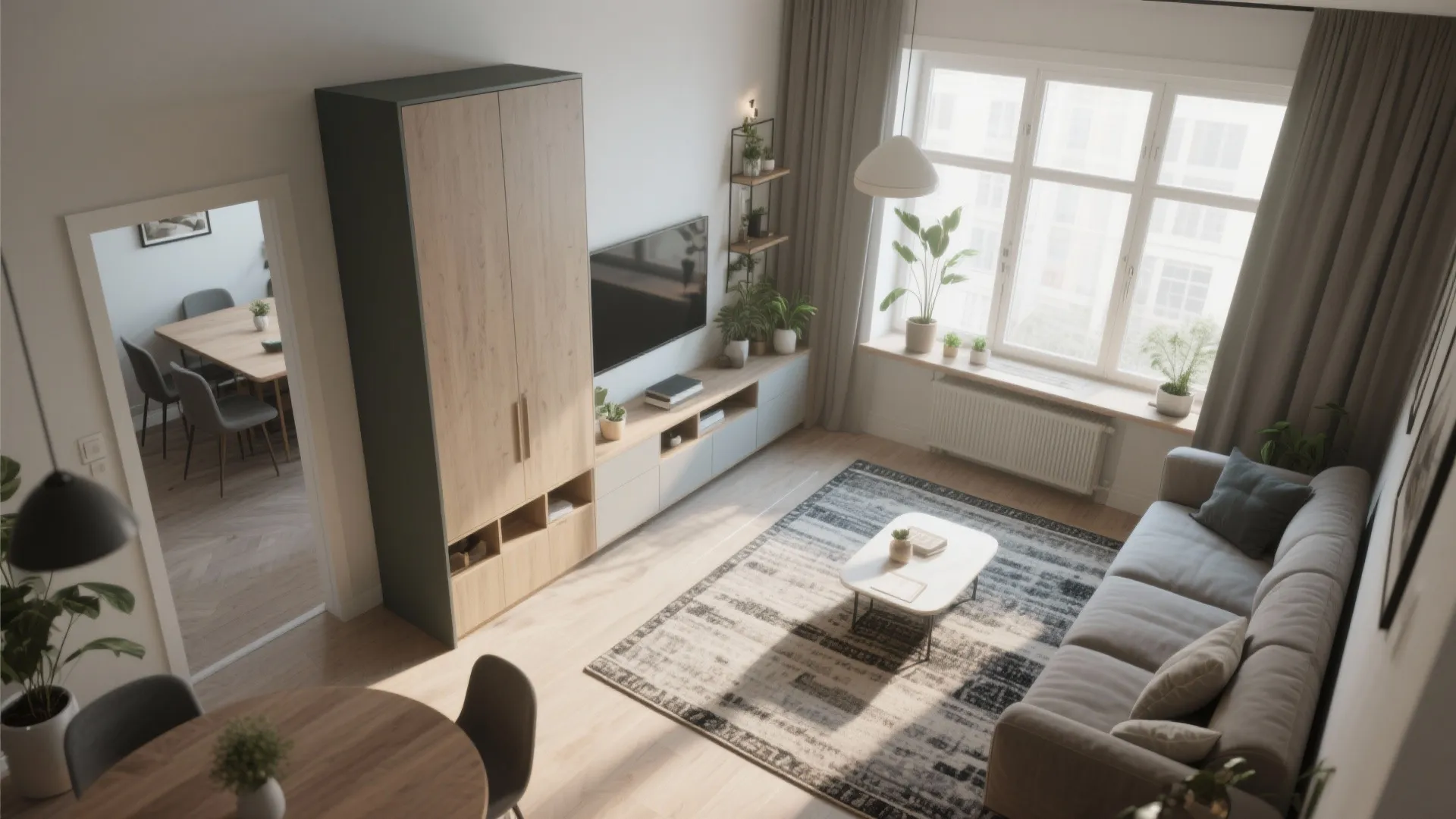 High angle room layout with gray sofa rug coffee table TV cabinet and dining furniture