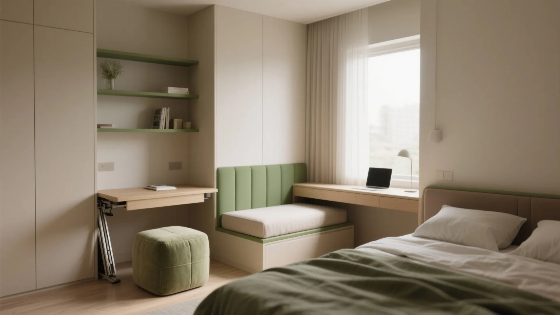 Small bedroom interior design drawing with green seat and folding wooden desk near the window