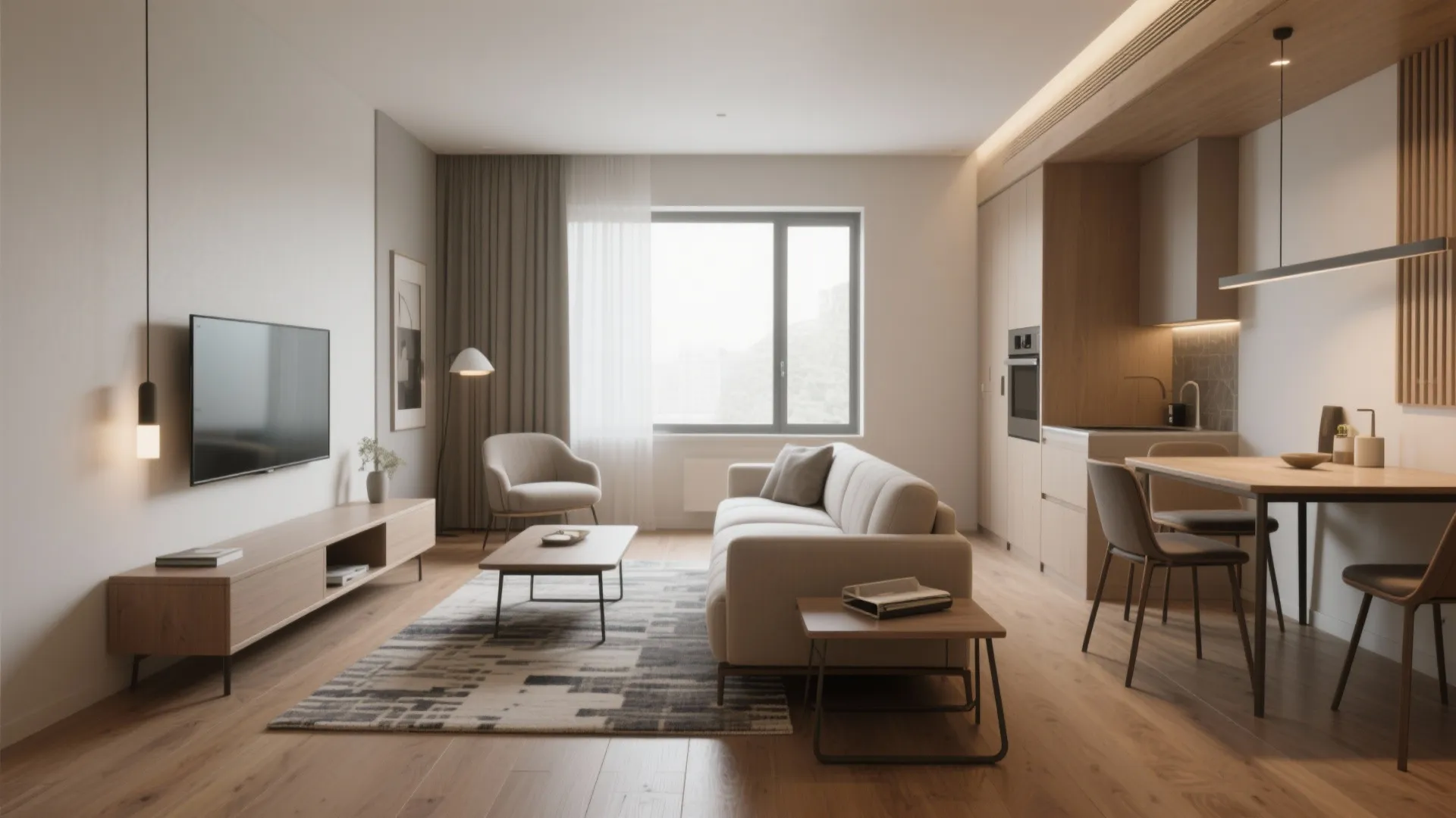 Low-profile sofa and foldable dining table zoning living and dining areas in a compact suite