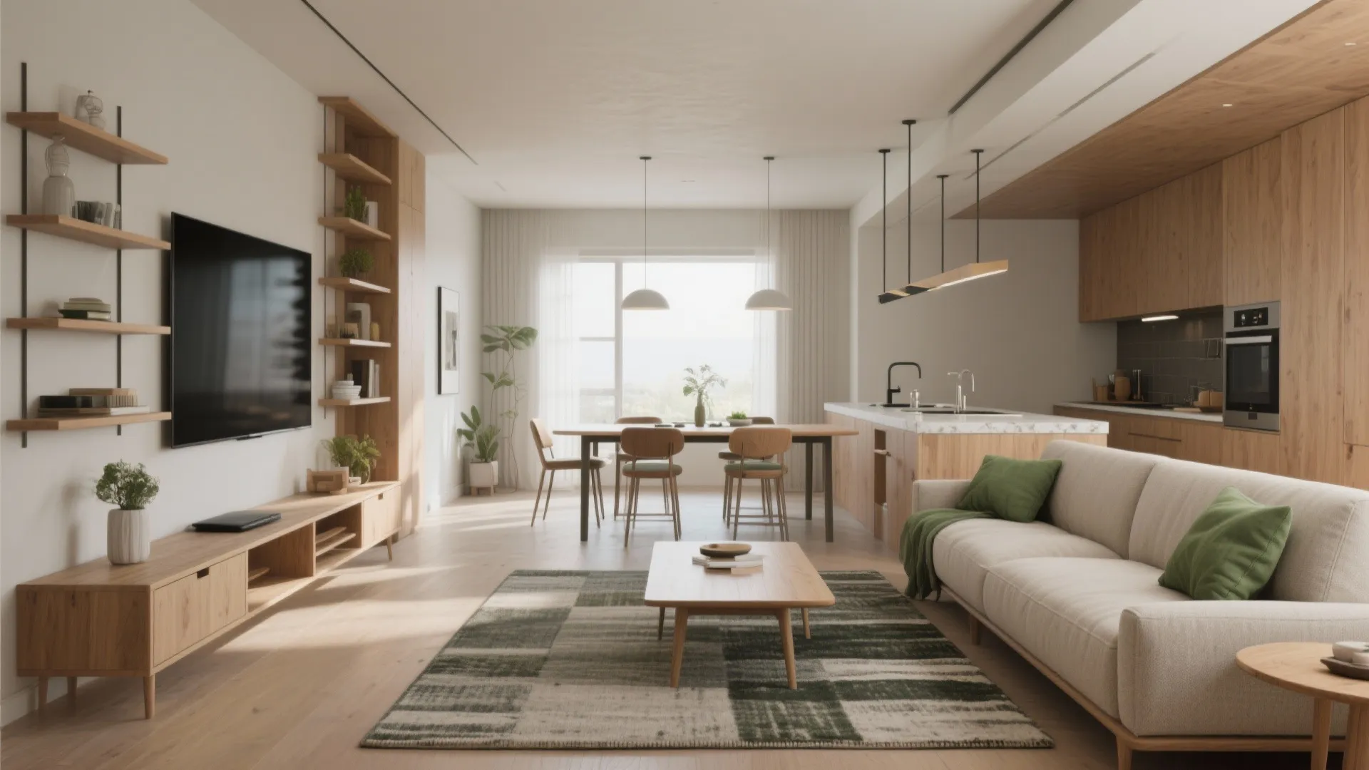 1. Zoning with furniture — living, dining, and kitchen flow