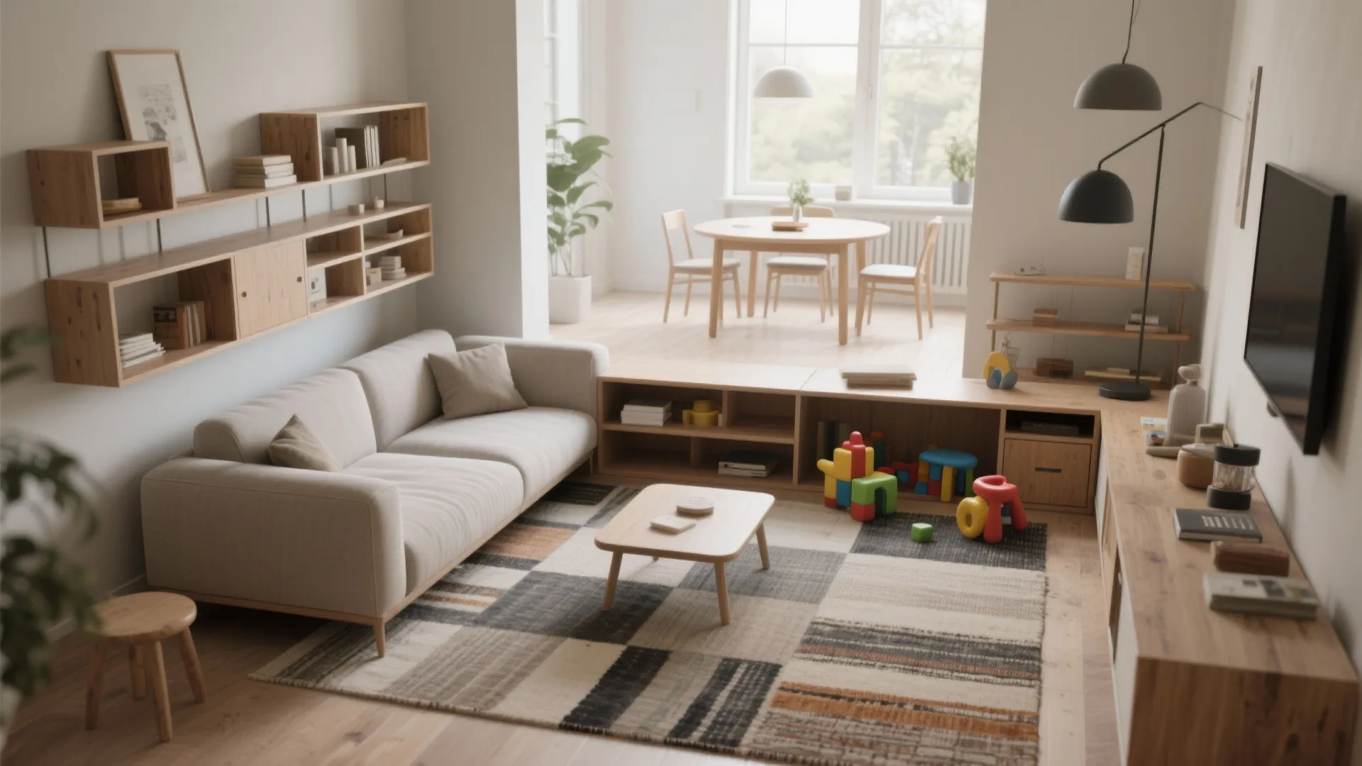 Modern open plan living room with beige sofa wood shelves patterned rug and dining area background