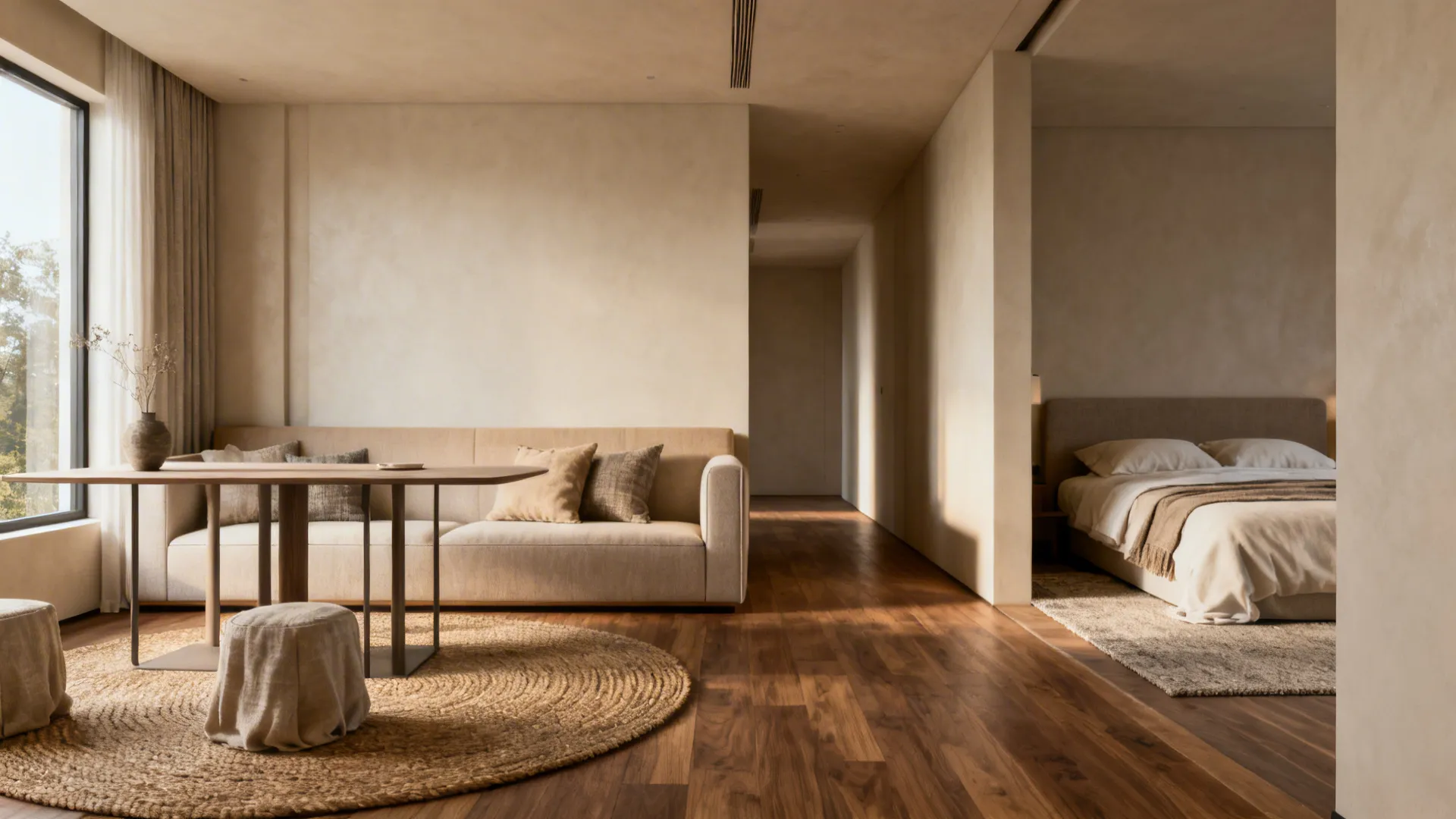 Studio interior showing furniture and rug zoning: sofa, console-dining, and bed nook with clear circulation.