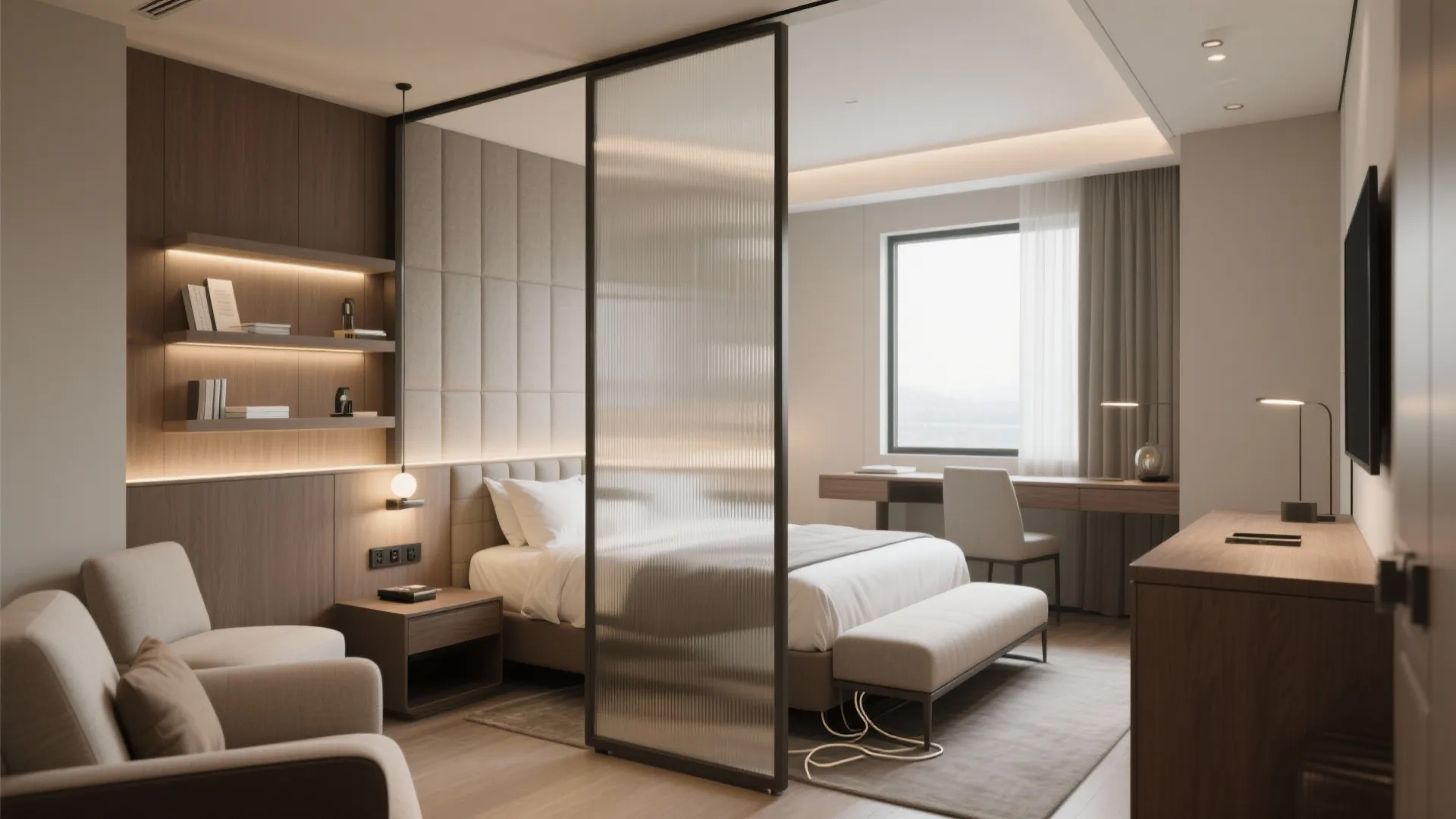 Smart zoning with a glass partition and a tailored headboard wall