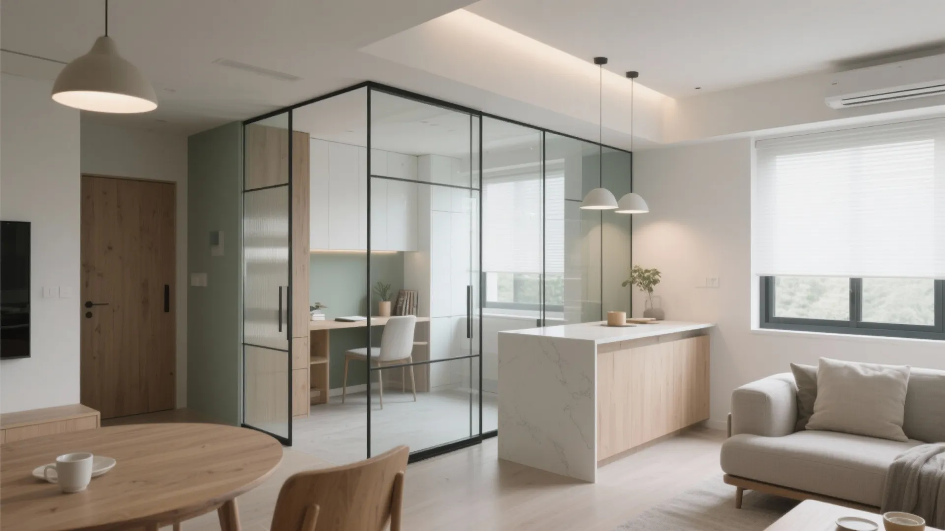 Glass sliding partition softly zones living and study areas in a compact 2 bhk duplex without blocking light.