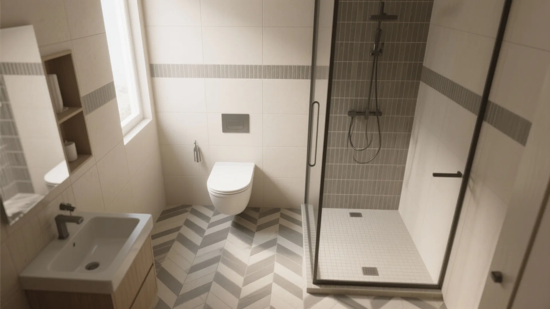 Modern bathroom with herringbone floor tiles white toilet glass shower door sink and small window light