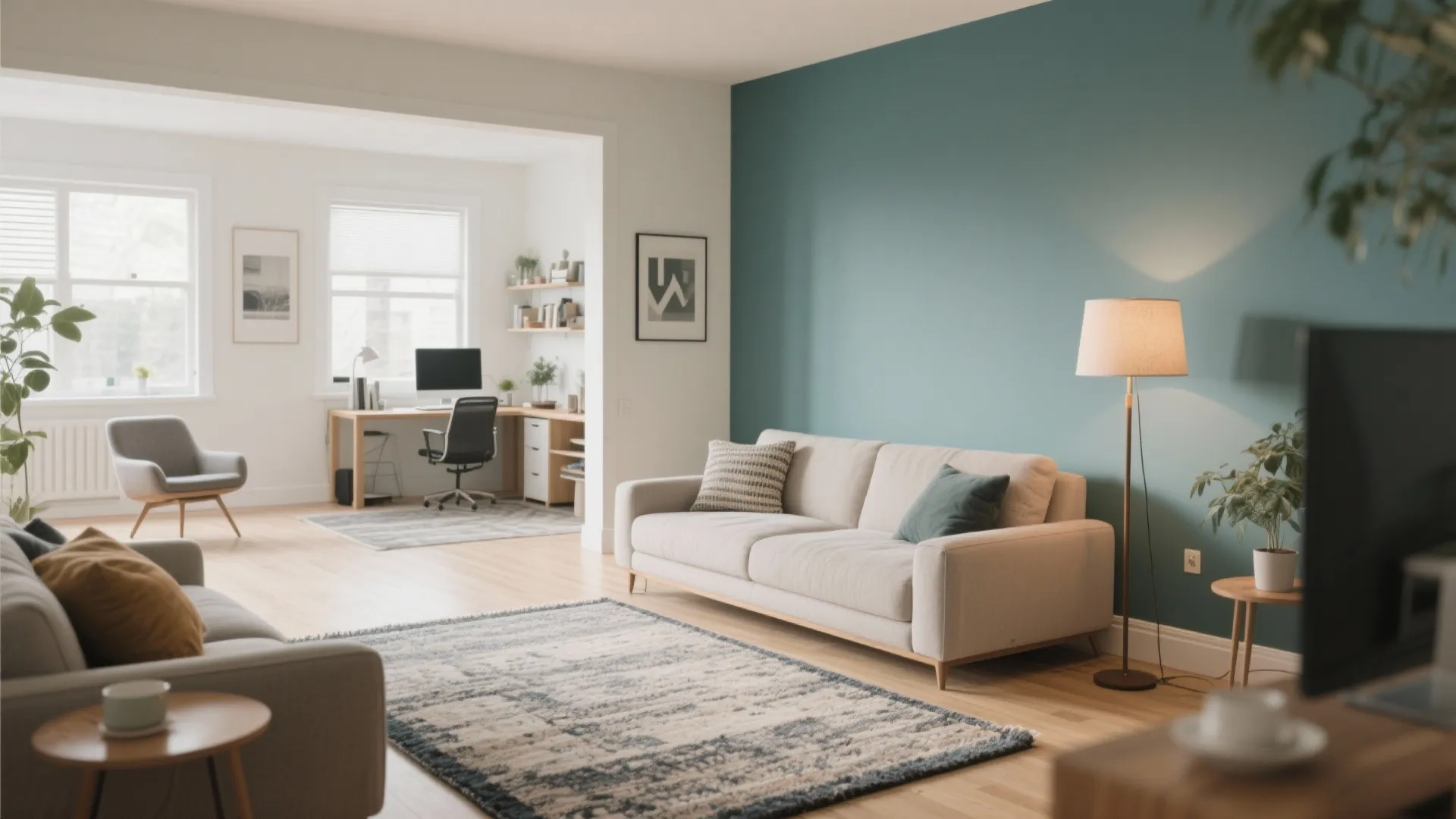 Modern living room with teal accent wall grey sofa and home office desk in background