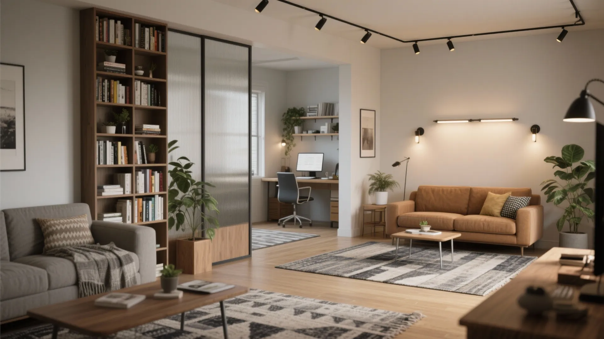 3. Zoning with rugs, lighting, and low partitions