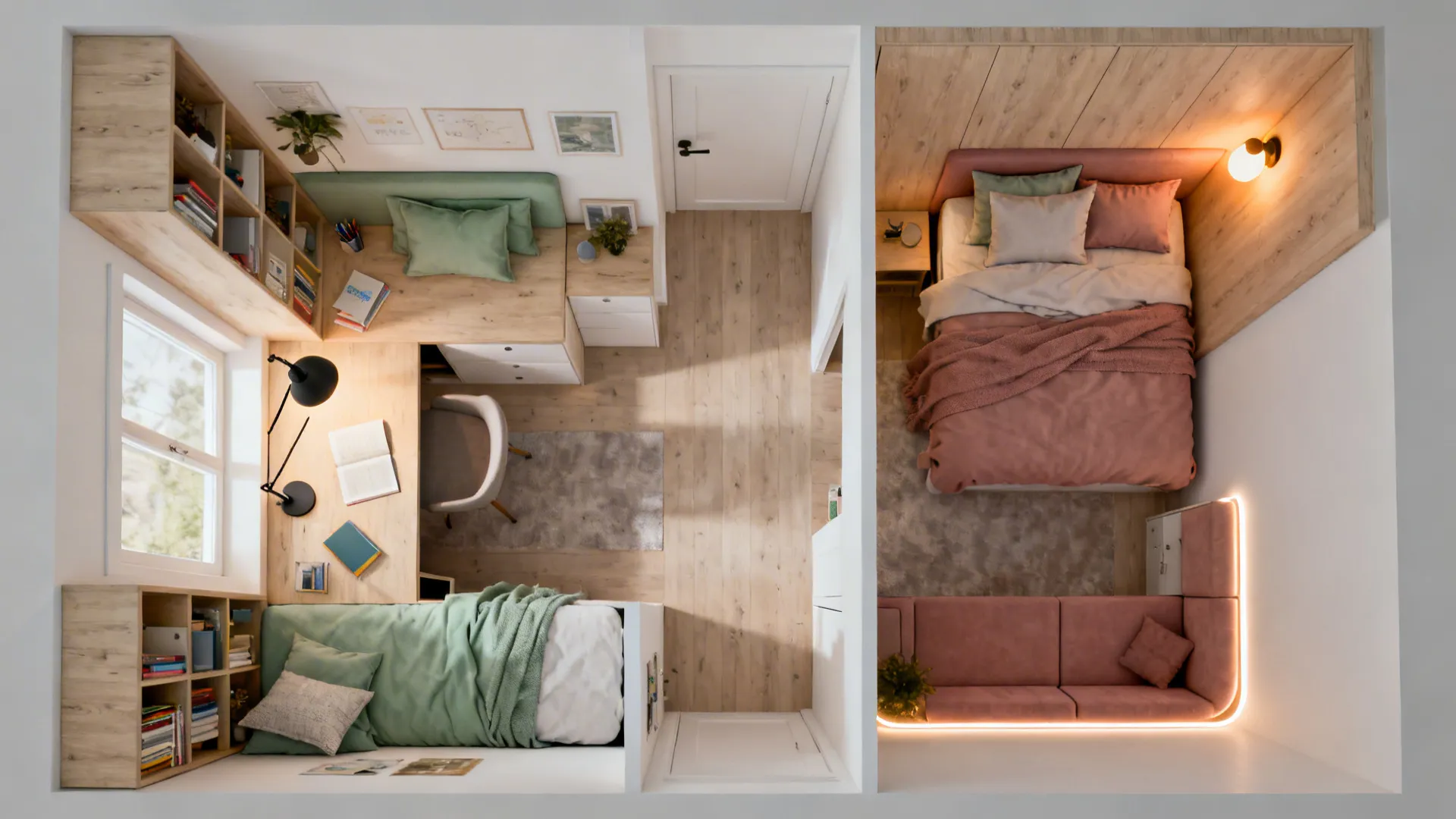 Top-down view of a teen room with study, sleep, and hangout zones using layered lighting.