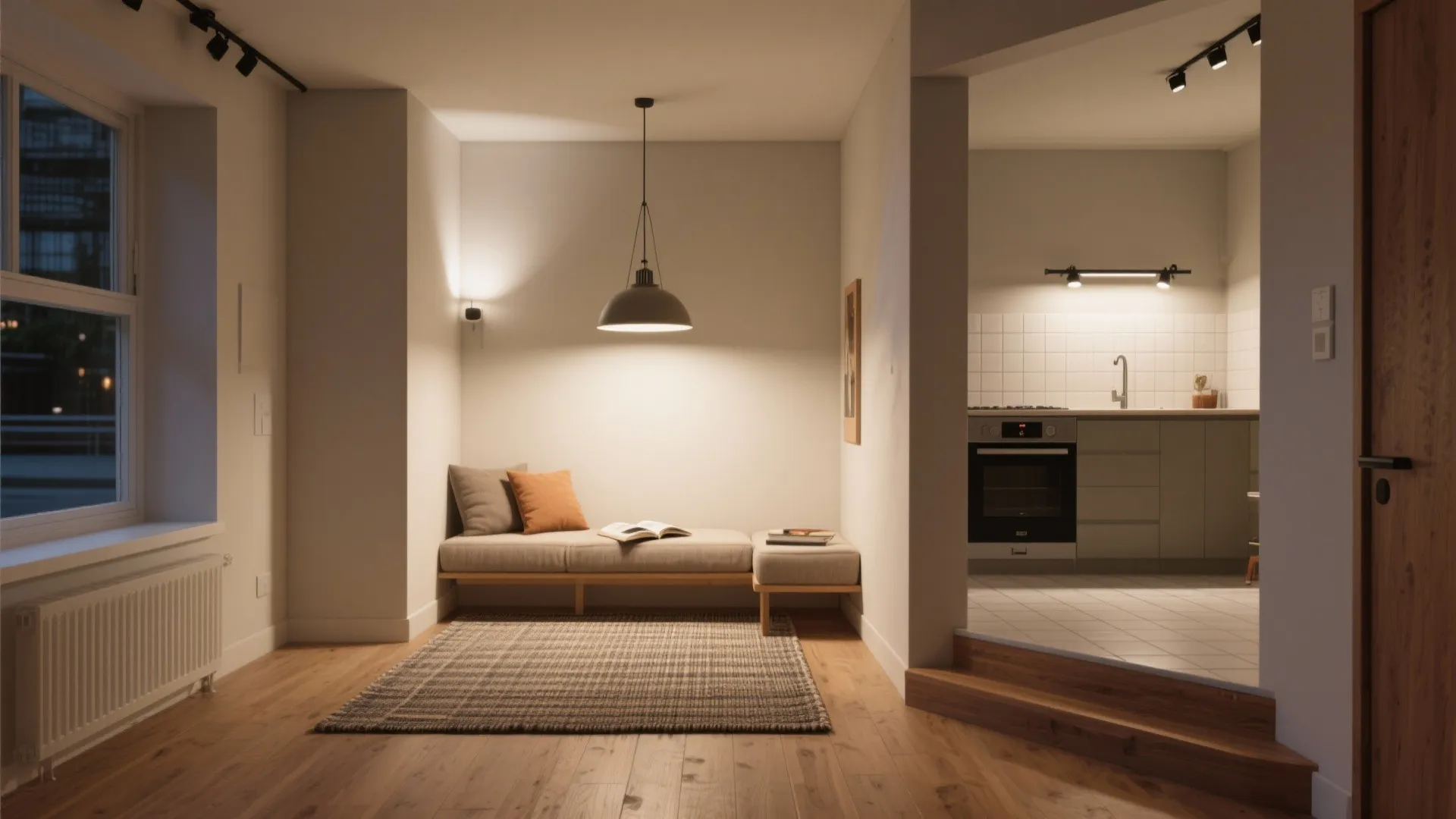 Small living room with grey sofa, rug, hanging ceiling light, and modern kitchen in background