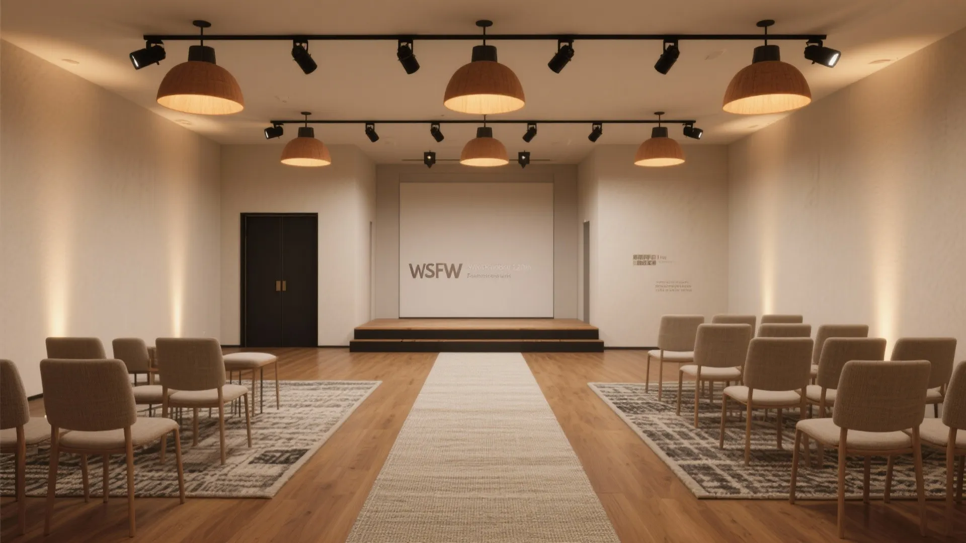 Modern hall with wooden floor beige chairs grey rugs stage screen and many bright lamps