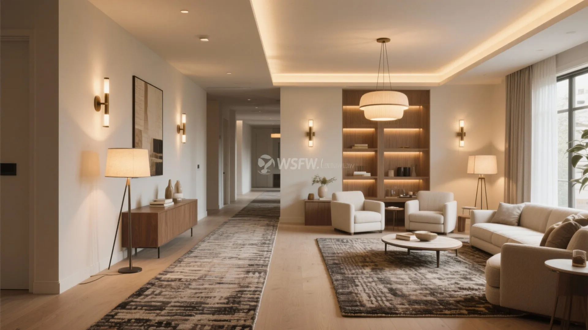 4. Zoning with rugs and layered lighting