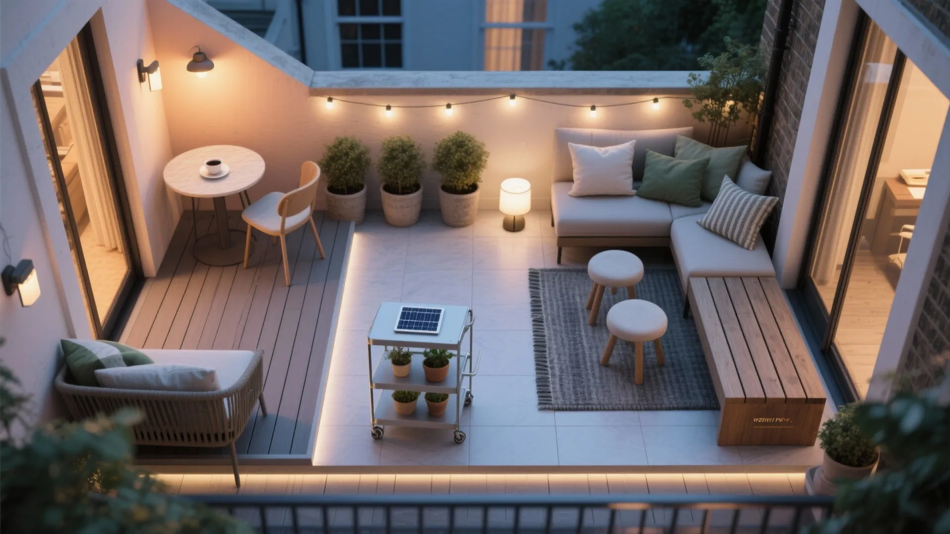 Cozy balcony at night with sofa outdoor dining table string lights floor lamps and potted plants