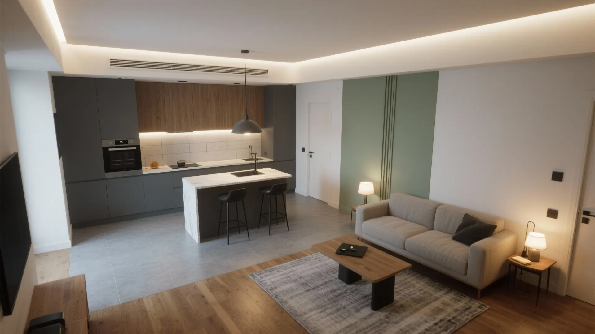 Top-down view shows kitchen in hardwearing flooring and bright task lighting, with a warm wood lounge and rug.