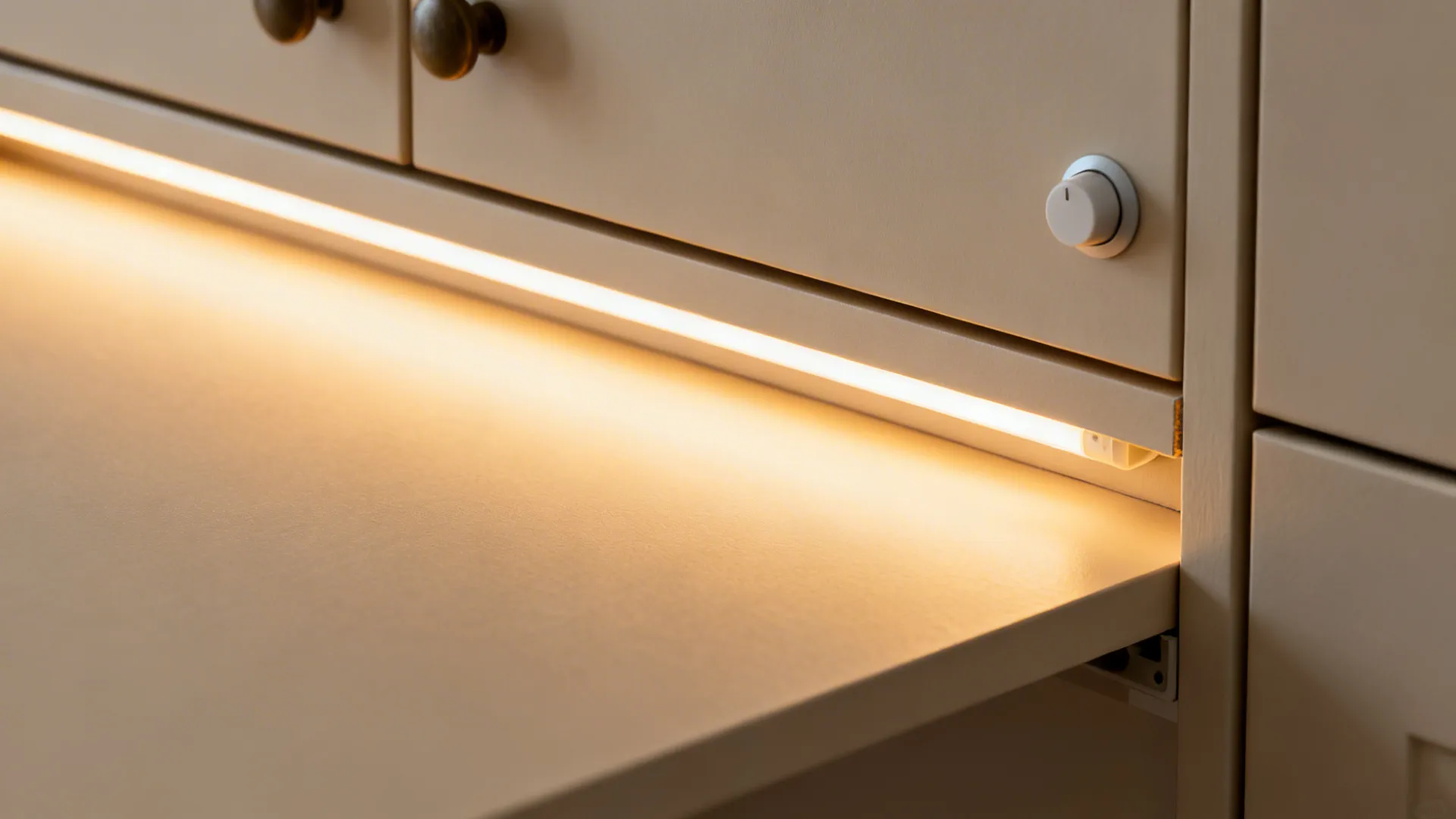 Close-up of warm under-shelf and toe-kick LEDs with a dimmer on matte cabinetry.