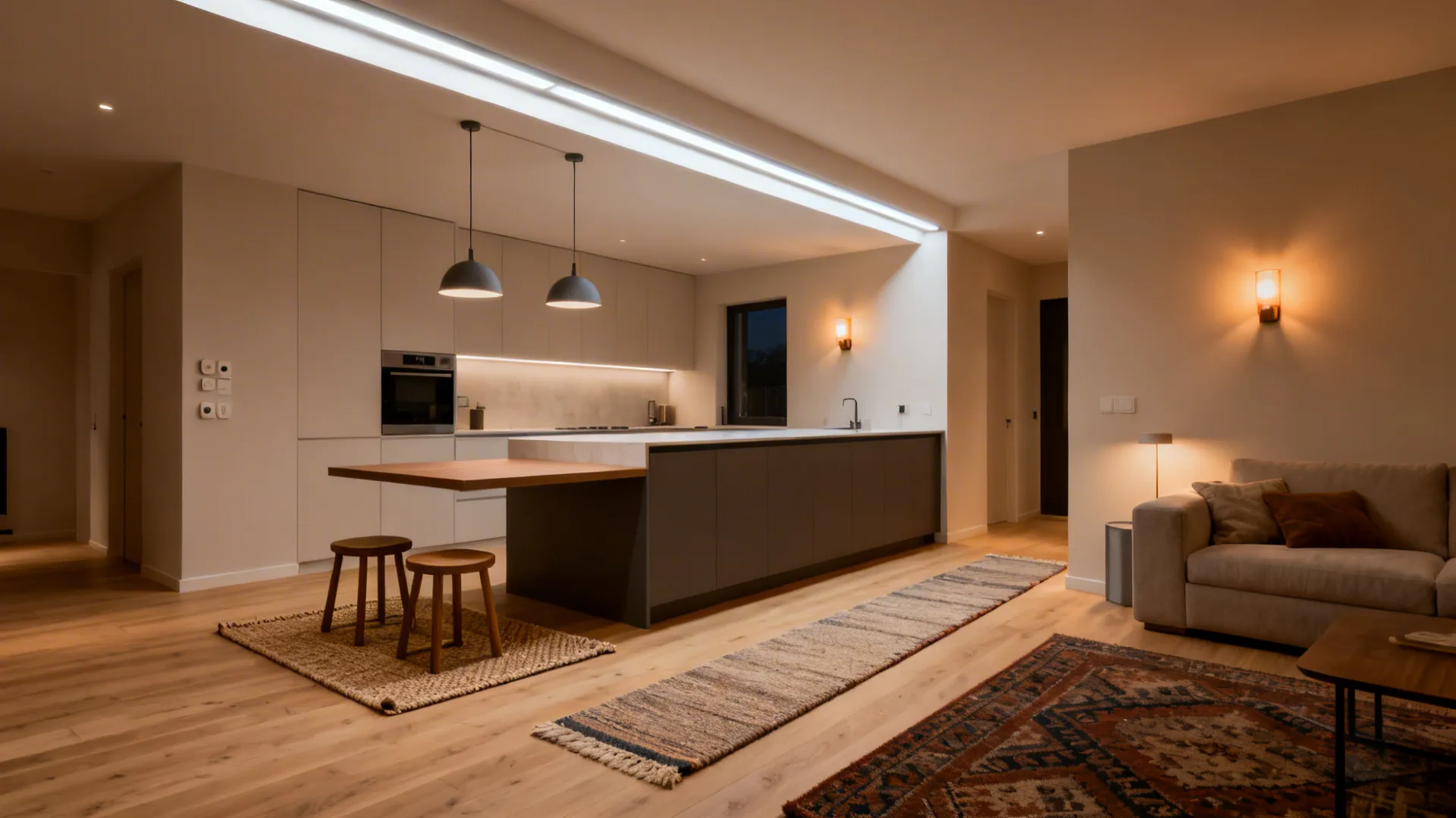 Open L-shaped kitchen living room zoned by linear lights, pendants, sconces, and flat-weave rugs.