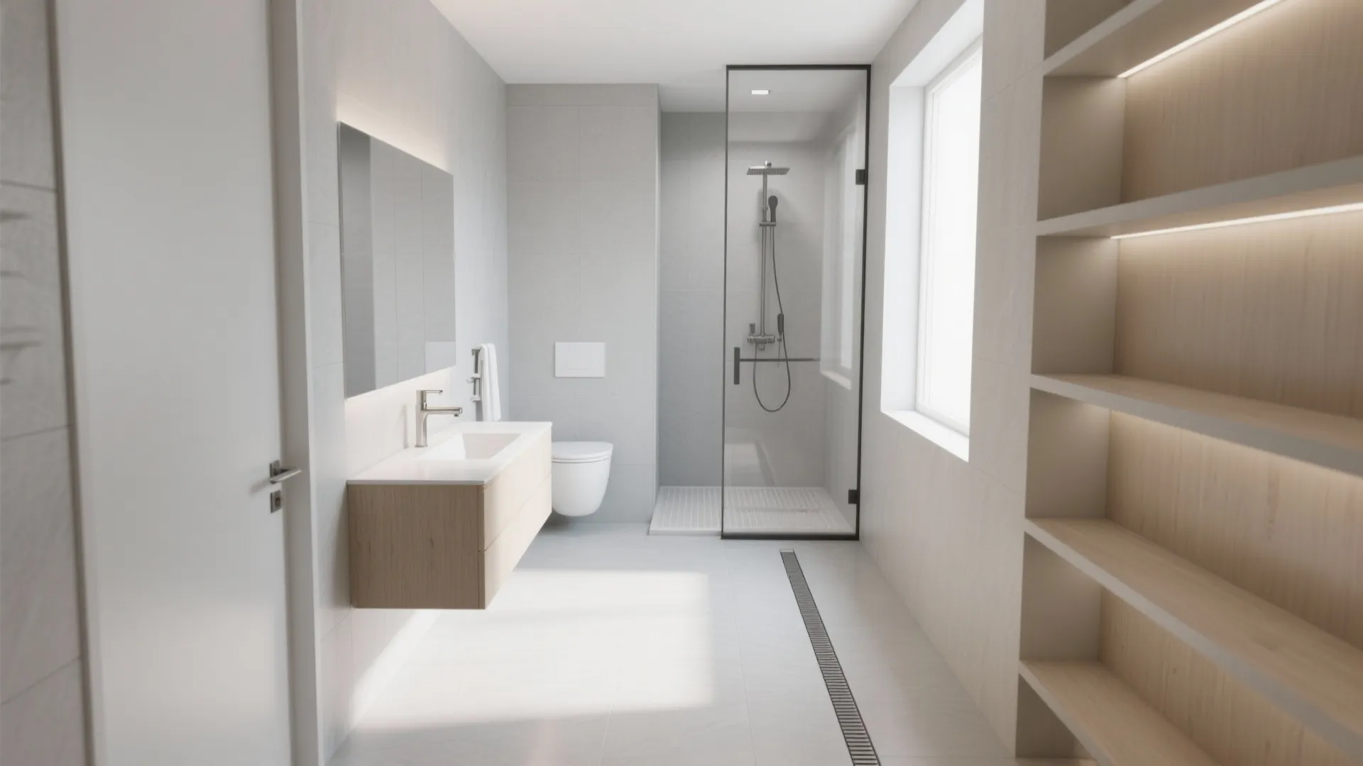 Modern bathroom with glass shower door floating wood sink cabinet white toilet and recessed wall shelves